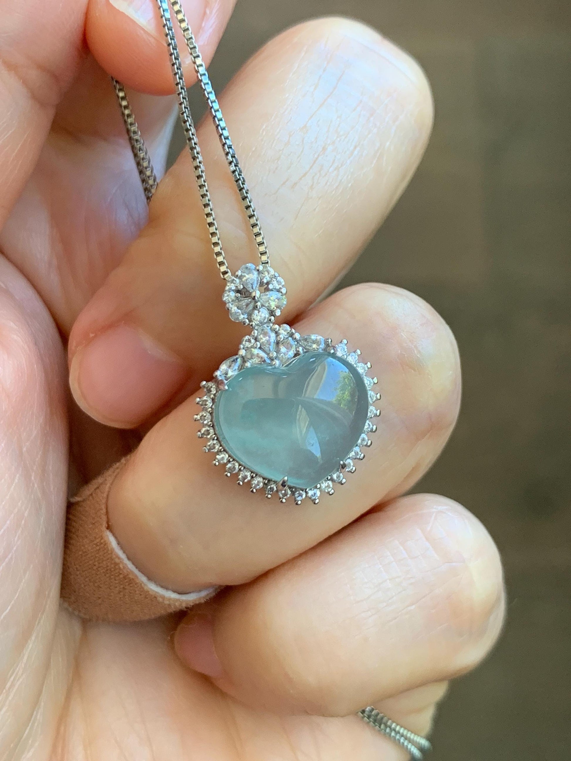 Natural Grade A Guatemalan Icy Highly Translucent Light Teal Jade Jadeite Heart Pendant Sterling Silver 3g 天然冰危晴蓝翡翠爱心蛋面银镶吊坠 GAX150Q