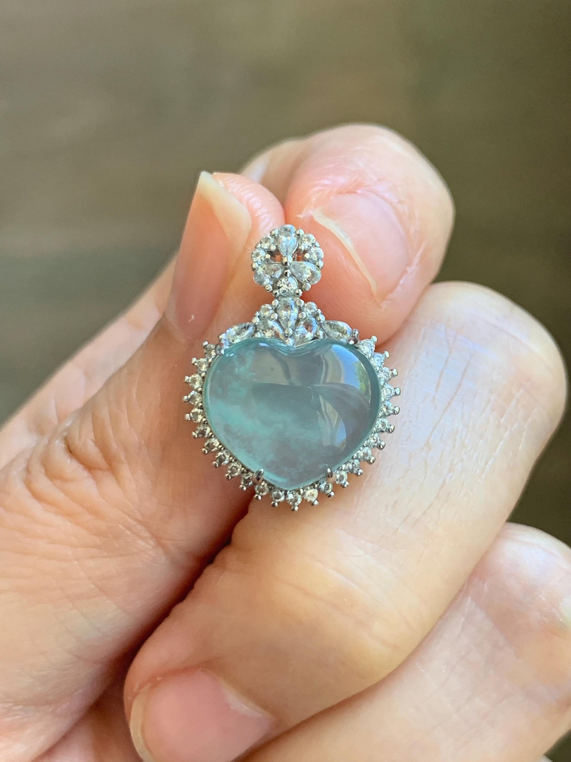 Natural Grade A Guatemalan Icy Highly Translucent Light Teal Jade Jadeite Heart Pendant Sterling Silver 3g 天然冰危晴蓝翡翠爱心蛋面银镶吊坠 GAX150Q