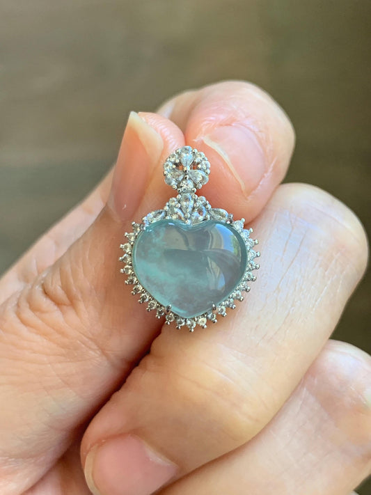 Natural Grade A Guatemalan Icy Highly Translucent Light Teal Jade Jadeite Heart Pendant Sterling Silver 3g 天然冰危晴蓝翡翠爱心蛋面银镶吊坠 GAX150Q
