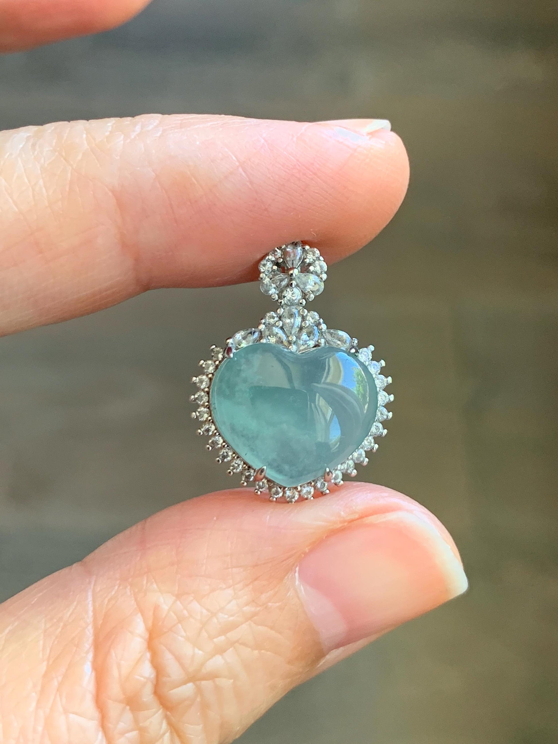 Natural Grade A Guatemalan Icy Highly Translucent Light Teal Jade Jadeite Heart Pendant Sterling Silver 3g 天然冰危晴蓝翡翠爱心蛋面银镶吊坠 GAX150Q