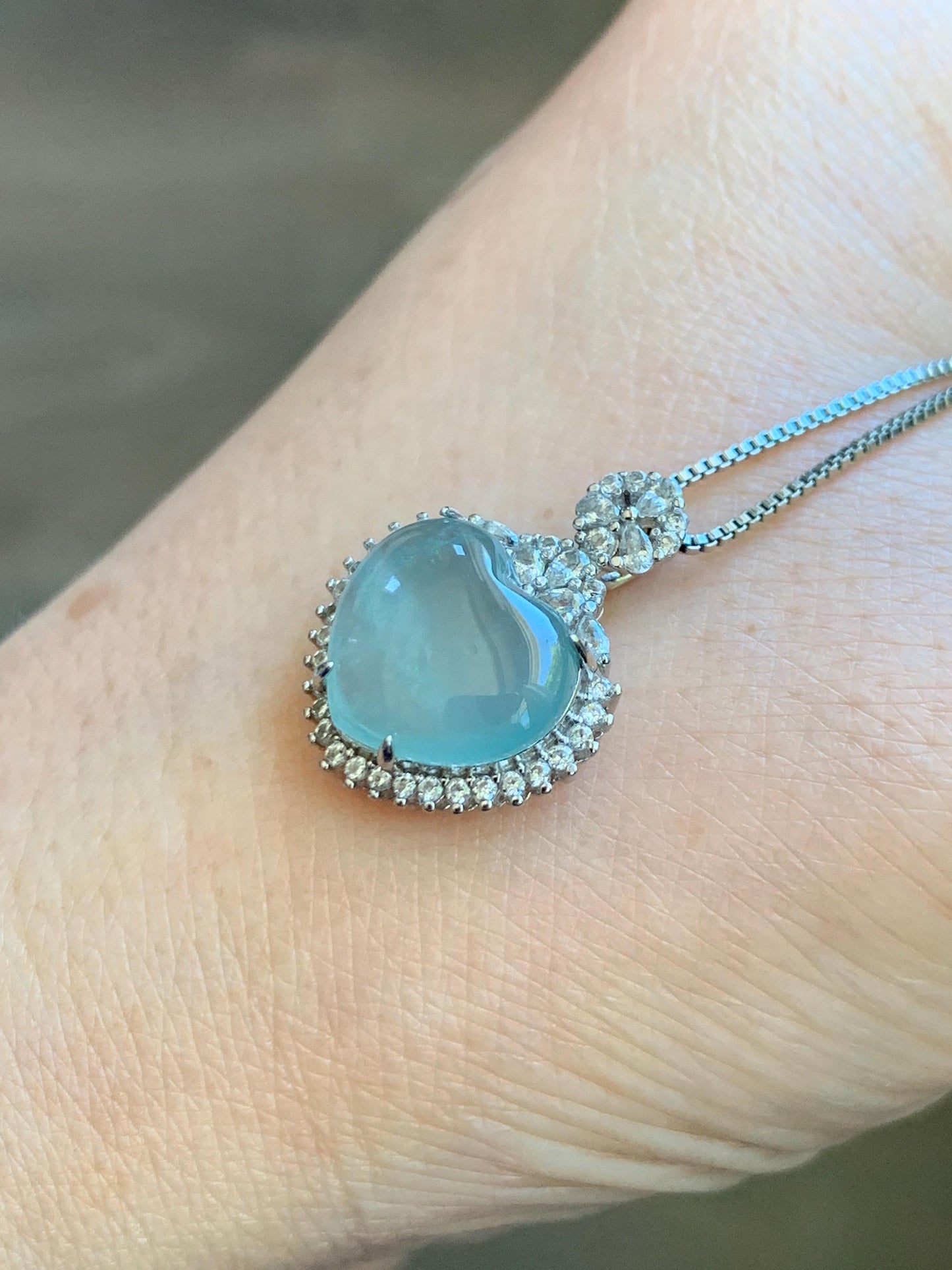Natural Grade A Guatemalan Icy Highly Translucent Light Teal Jade Jadeite Heart Pendant Sterling Silver 3g 天然冰危晴蓝翡翠爱心蛋面银镶吊坠 GAX150Q
