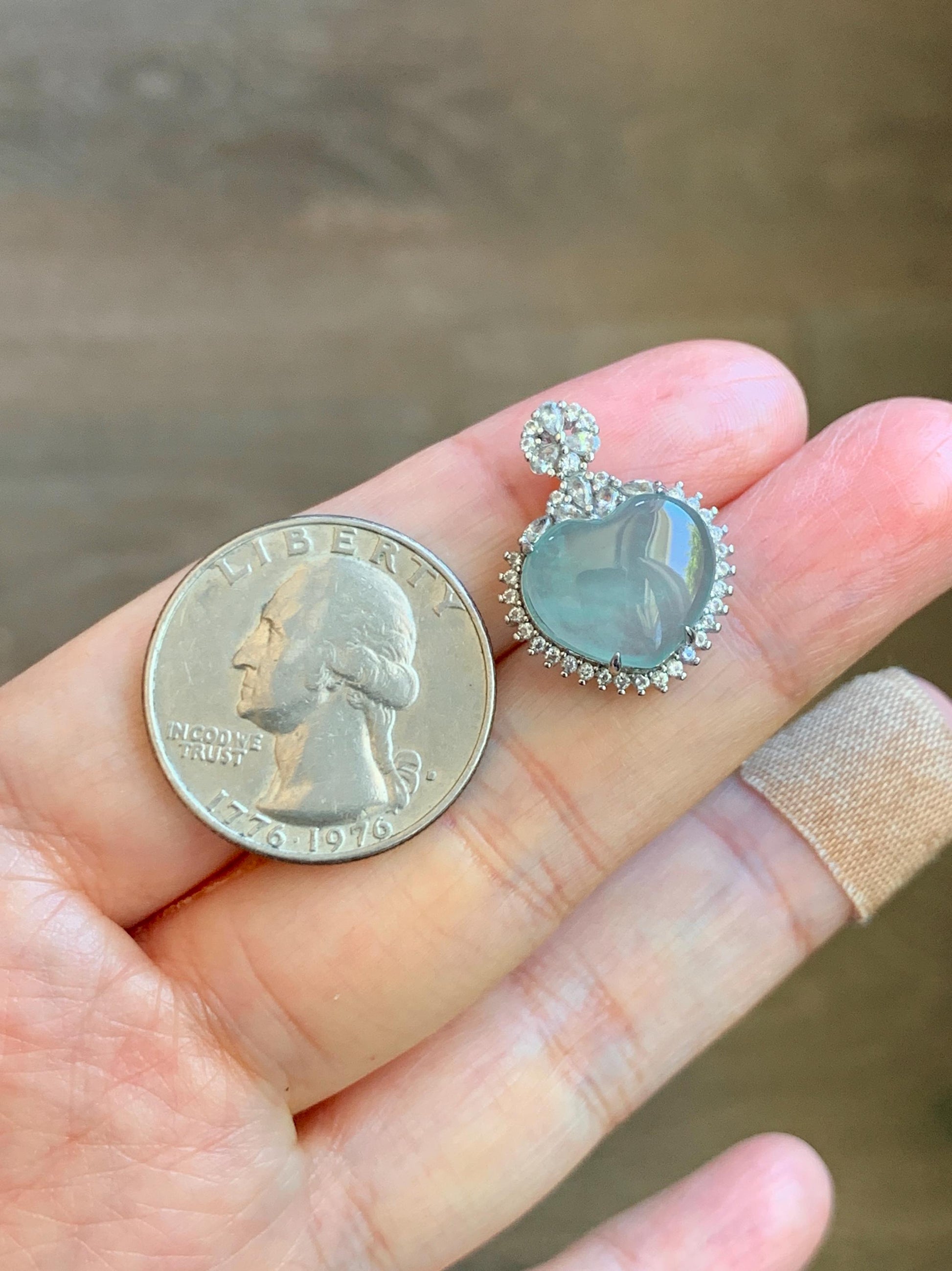 Natural Grade A Guatemalan Icy Highly Translucent Light Teal Jade Jadeite Heart Pendant Sterling Silver 3g 天然冰危晴蓝翡翠爱心蛋面银镶吊坠 GAX150Q