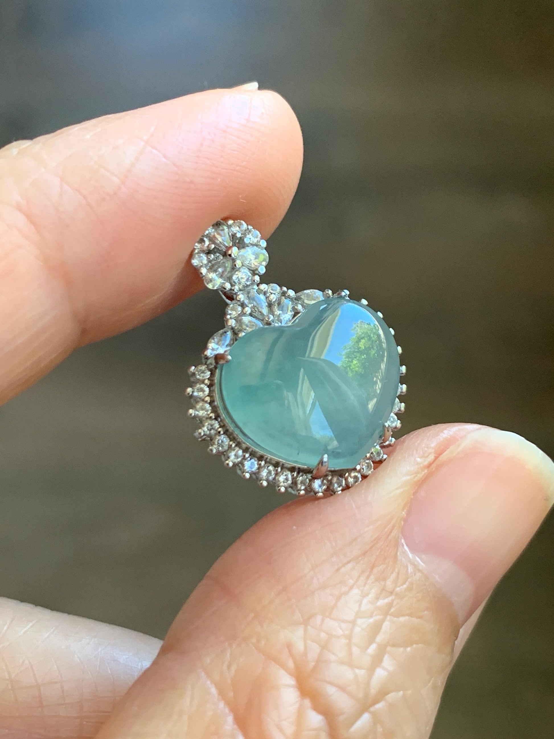 Natural Grade A Guatemalan Icy Highly Translucent Light Teal Jade Jadeite Heart Pendant Sterling Silver 3g 天然冰危晴蓝翡翠爱心蛋面银镶吊坠 GAX150Q