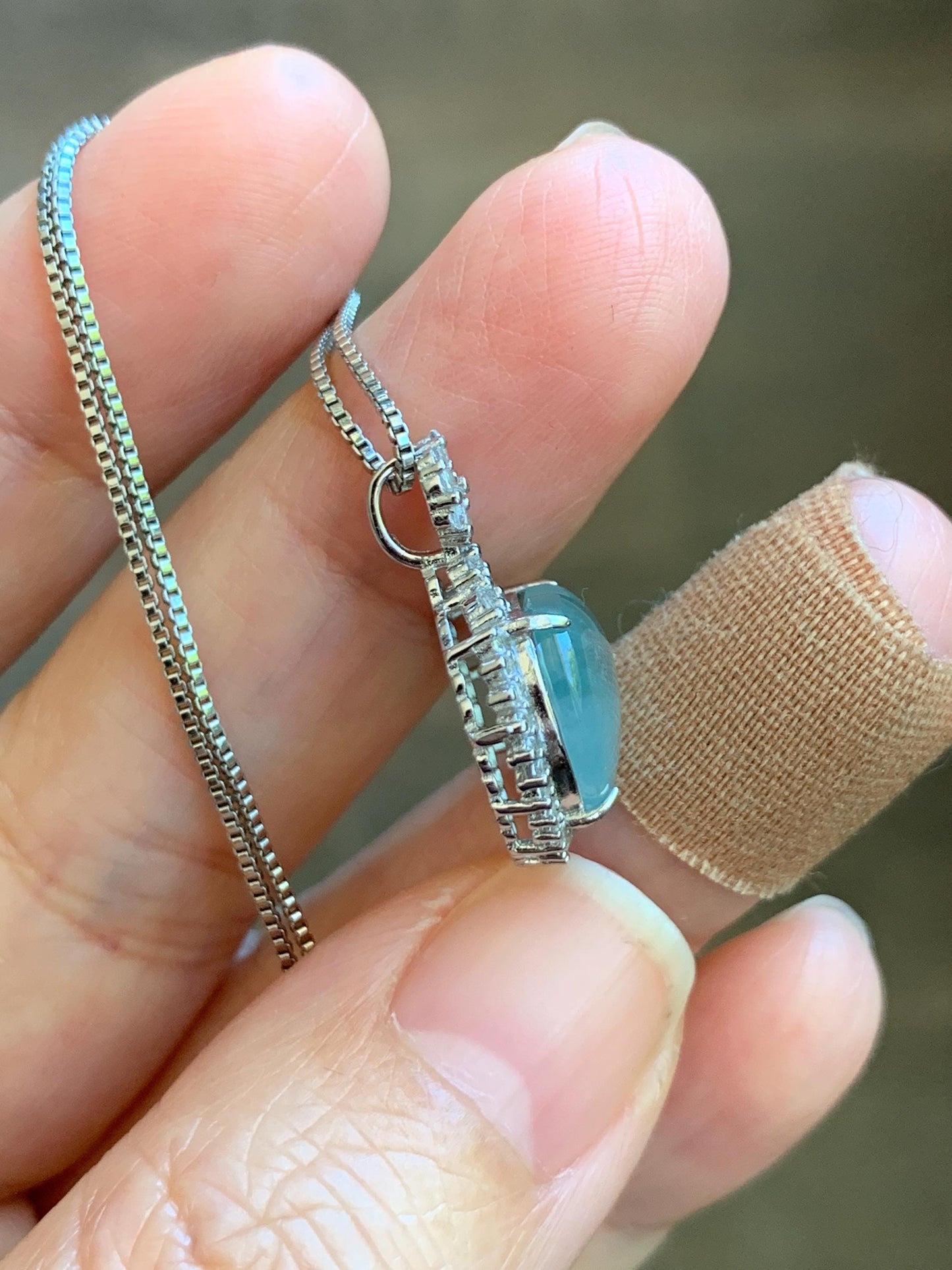 Natural Grade A Guatemalan Icy Highly Translucent Light Teal Jade Jadeite Heart Pendant Sterling Silver 3g 天然冰危晴蓝翡翠爱心蛋面银镶吊坠 GAX150Q