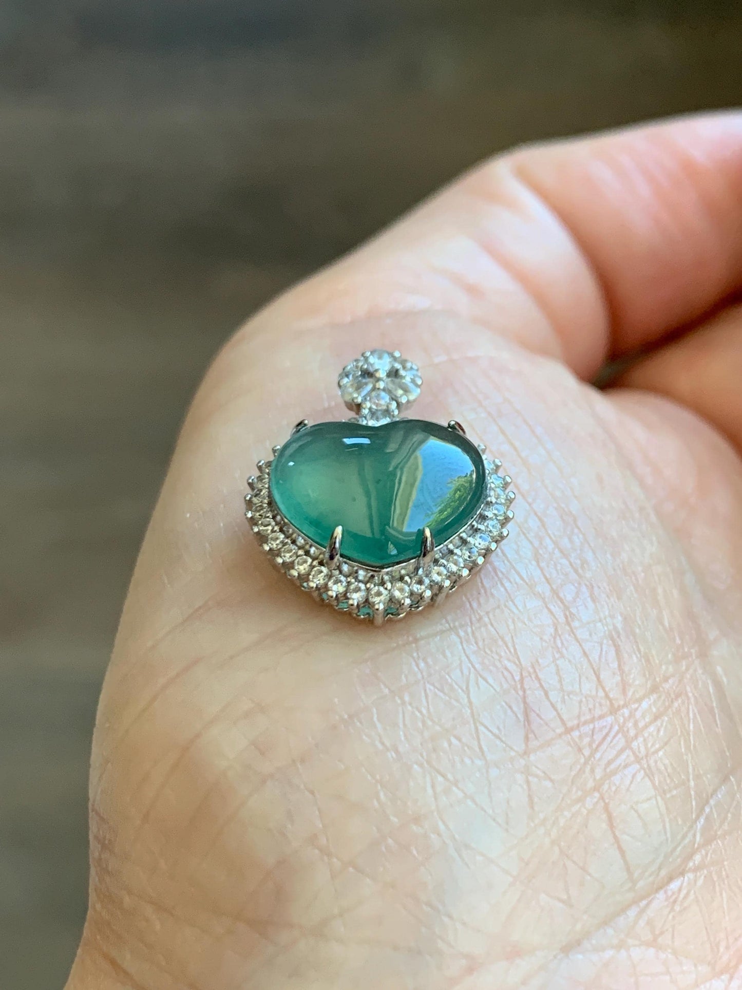 Natural Grade A Guatemalan Icy Highly Translucent Light Teal Green Jade Jadeite Heart Pendant Sterling Silver 3g 天然冰危晴绿翡翠爱心蛋面银镶吊坠 GAX150L