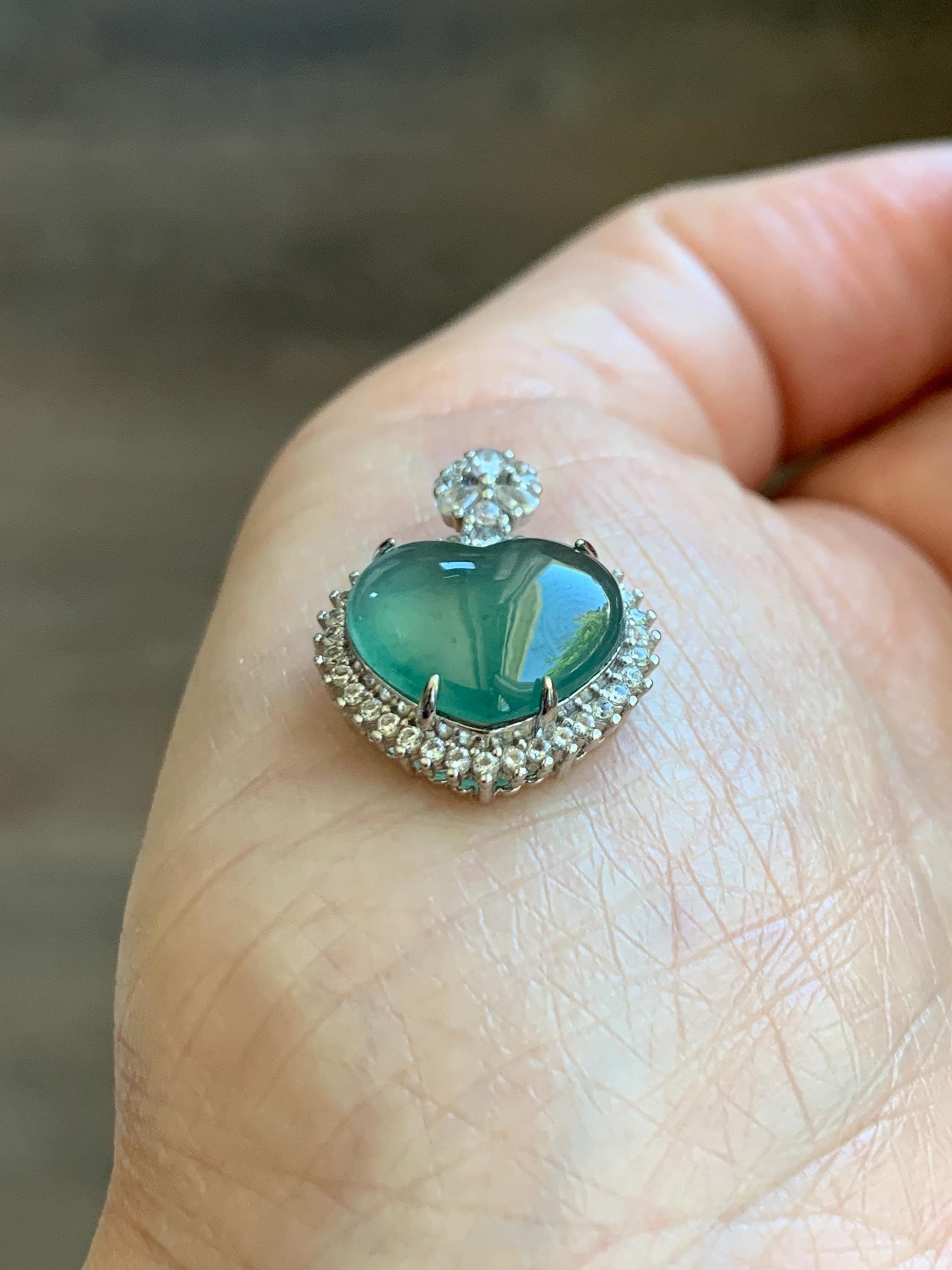 Natural Grade A Guatemalan Icy Highly Translucent Light Teal Green Jade Jadeite Heart Pendant Sterling Silver 3g 天然冰危晴绿翡翠爱心蛋面银镶吊坠 GAX150L
