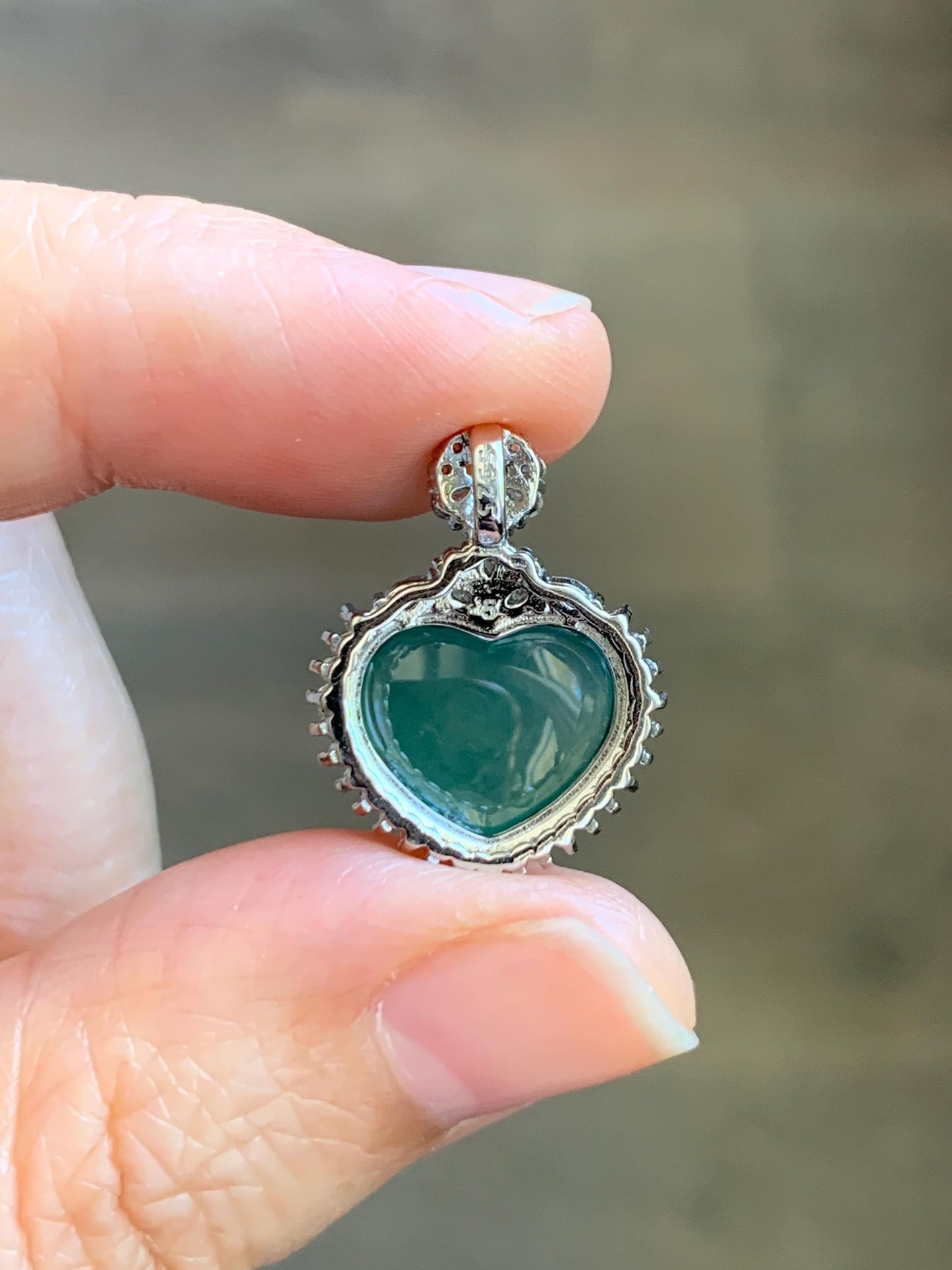 Natural Grade A Guatemalan Icy Highly Translucent Light Teal Green Jade Jadeite Heart Pendant Sterling Silver 3g 天然冰危晴绿翡翠爱心蛋面银镶吊坠 GAX150L