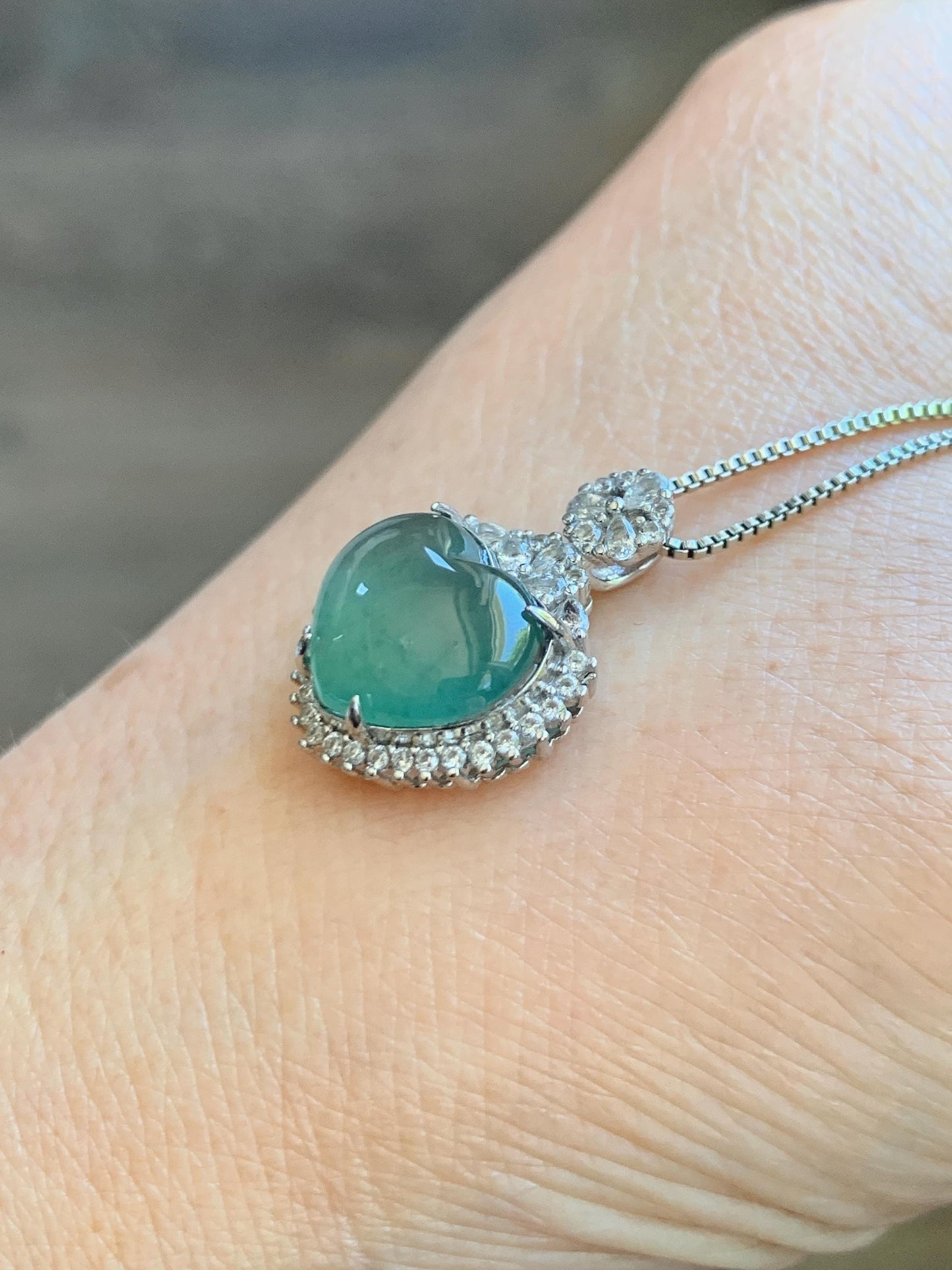 Natural Grade A Guatemalan Icy Highly Translucent Light Teal Green Jade Jadeite Heart Pendant Sterling Silver 3g 天然冰危晴绿翡翠爱心蛋面银镶吊坠 GAX150L