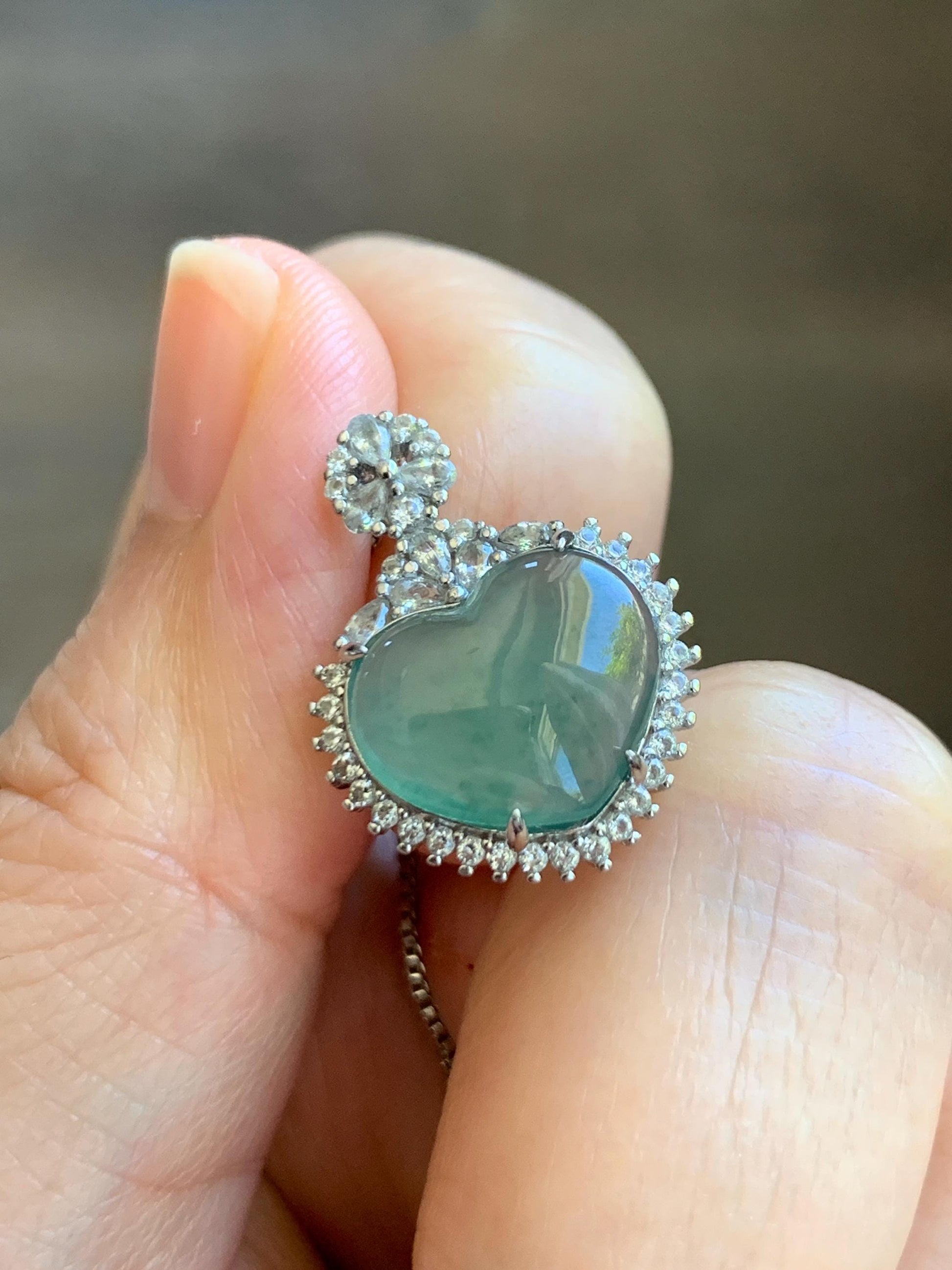 Natural Grade A Guatemalan Icy Highly Translucent Light Teal Green Jade Jadeite Heart Pendant Sterling Silver 3g 天然冰危晴绿翡翠爱心蛋面银镶吊坠 GAX150L