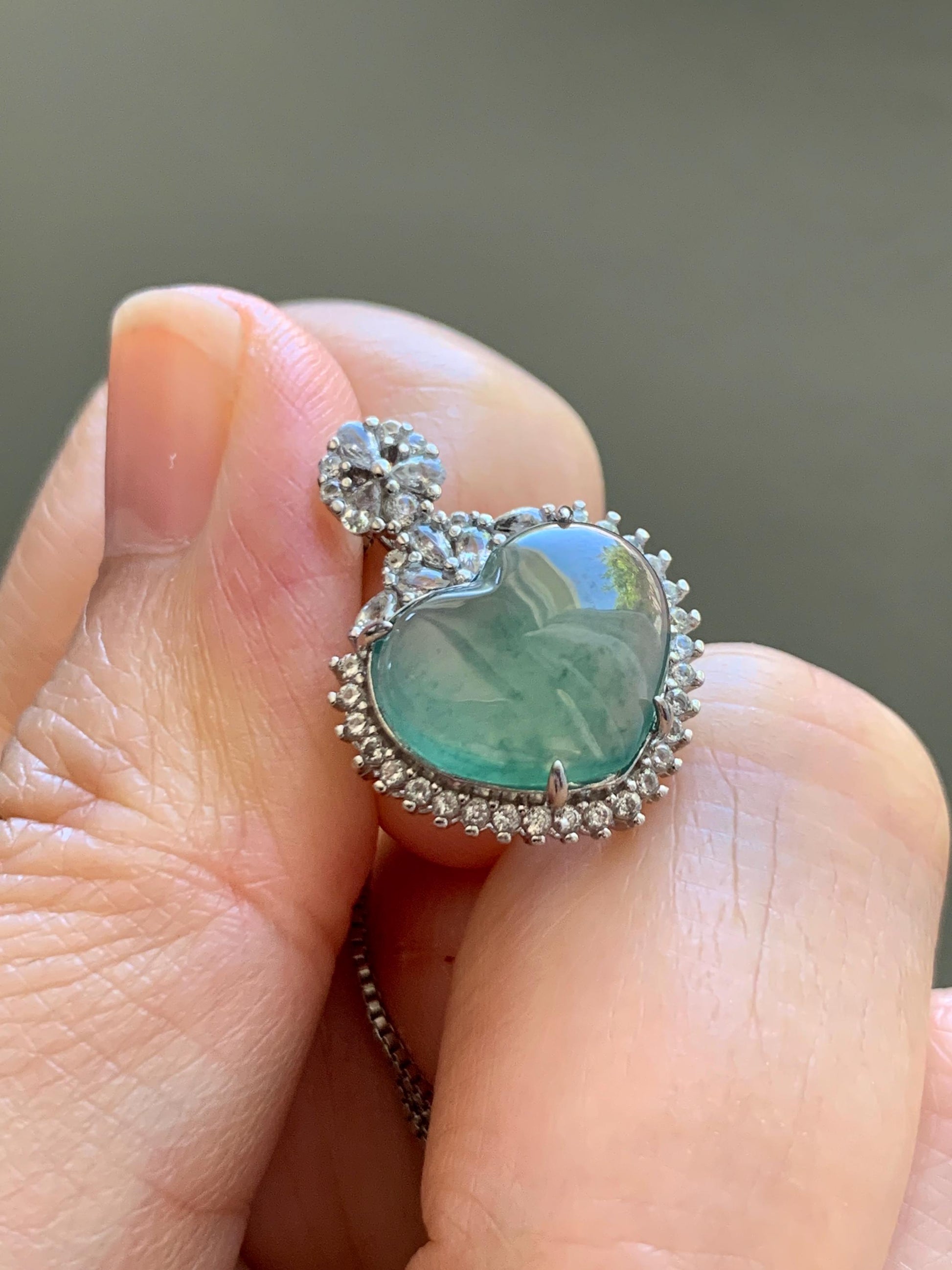 Natural Grade A Guatemalan Icy Highly Translucent Light Teal Green Jade Jadeite Heart Pendant Sterling Silver 3g 天然冰危晴绿翡翠爱心蛋面银镶吊坠 GAX150L