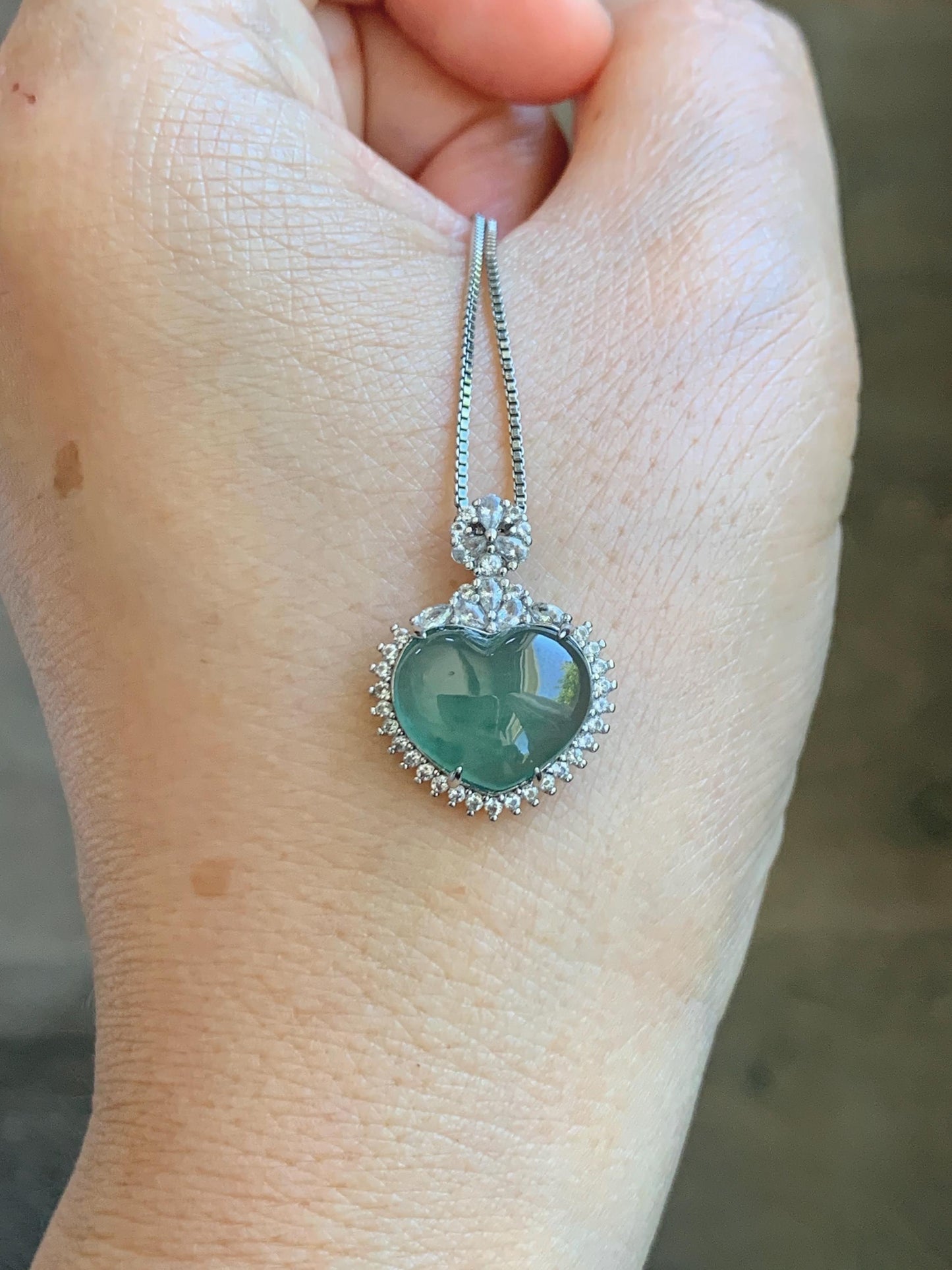 Natural Grade A Guatemalan Icy Highly Translucent Light Teal Green Jade Jadeite Heart Pendant Sterling Silver 3g 天然冰危晴绿翡翠爱心蛋面银镶吊坠 GAX150L