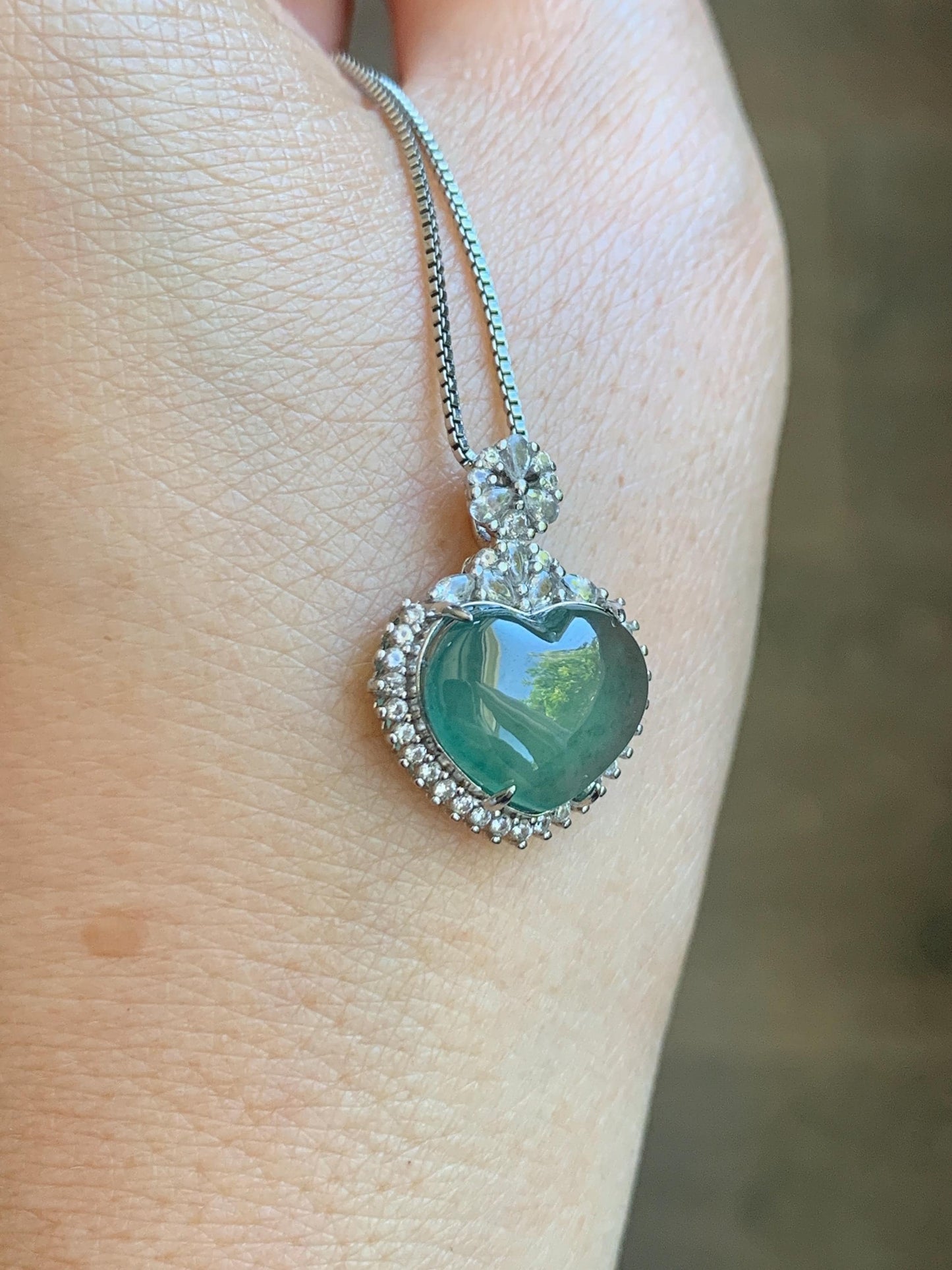 Natural Grade A Guatemalan Icy Highly Translucent Light Teal Green Jade Jadeite Heart Pendant Sterling Silver 3g 天然冰危晴绿翡翠爱心蛋面银镶吊坠 GAX150L