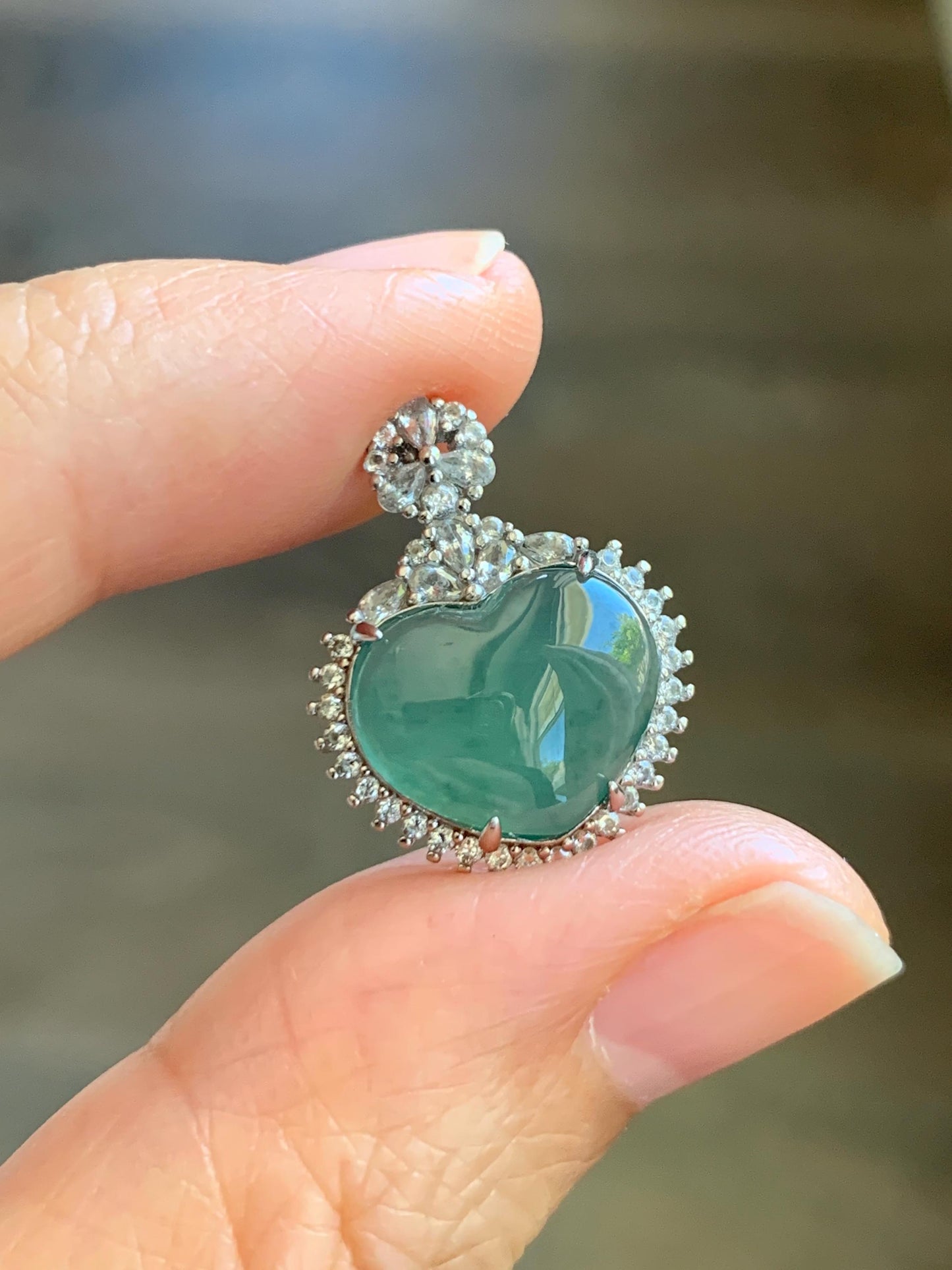 Natural Grade A Guatemalan Icy Highly Translucent Light Teal Green Jade Jadeite Heart Pendant Sterling Silver 3g 天然冰危晴绿翡翠爱心蛋面银镶吊坠 GAX150L