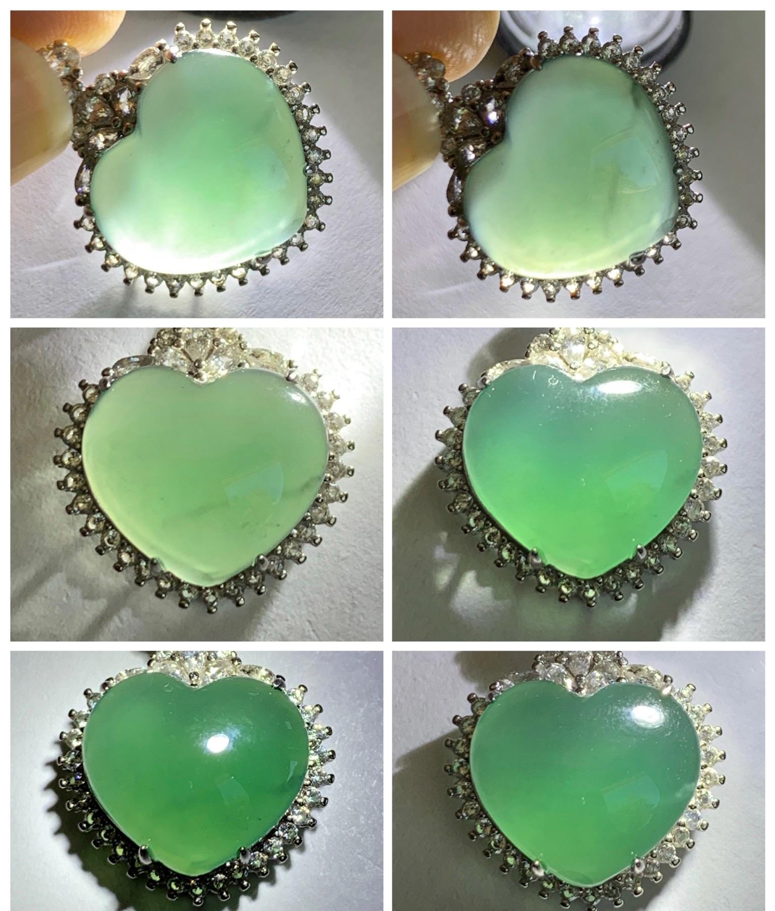 Natural Grade A Guatemalan Icy Translucent Dark Teal Green Jade Jadeite Heart Pendant Sterling Silver 3g 天然冰危深蓝绿翡翠爱心蛋面银镶吊坠 GAX150S