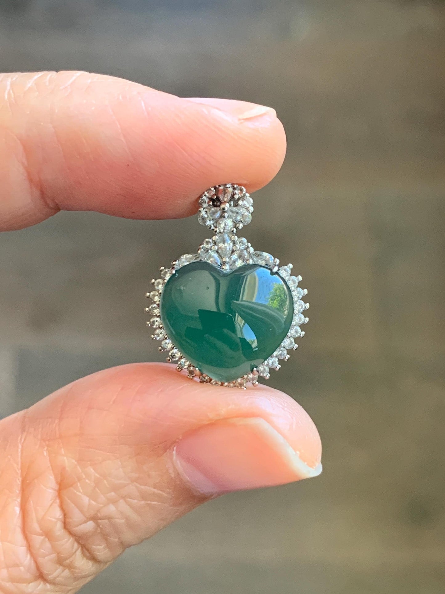 Natural Grade A Guatemalan Icy Translucent Dark Teal Green Jade Jadeite Heart Pendant Sterling Silver 3g 天然冰危深蓝绿翡翠爱心蛋面银镶吊坠 GAX150S