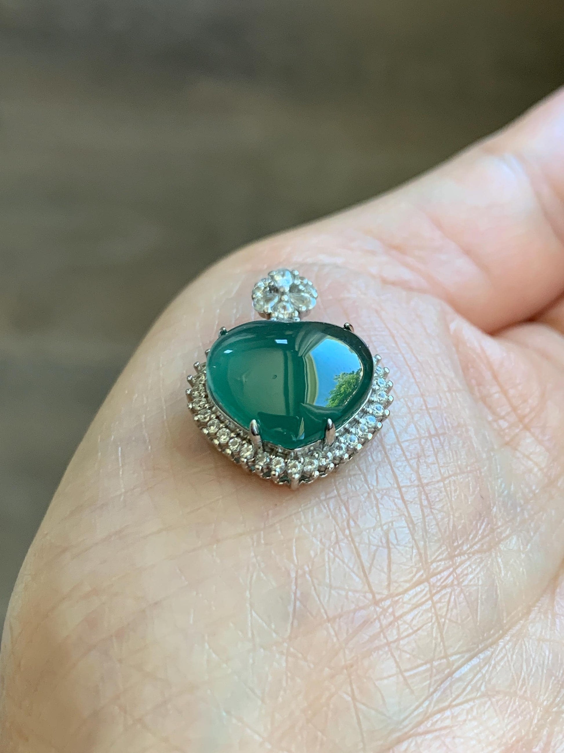 Natural Grade A Guatemalan Icy Translucent Dark Teal Green Jade Jadeite Heart Pendant Sterling Silver 3g 天然冰危深蓝绿翡翠爱心蛋面银镶吊坠 GAX150S