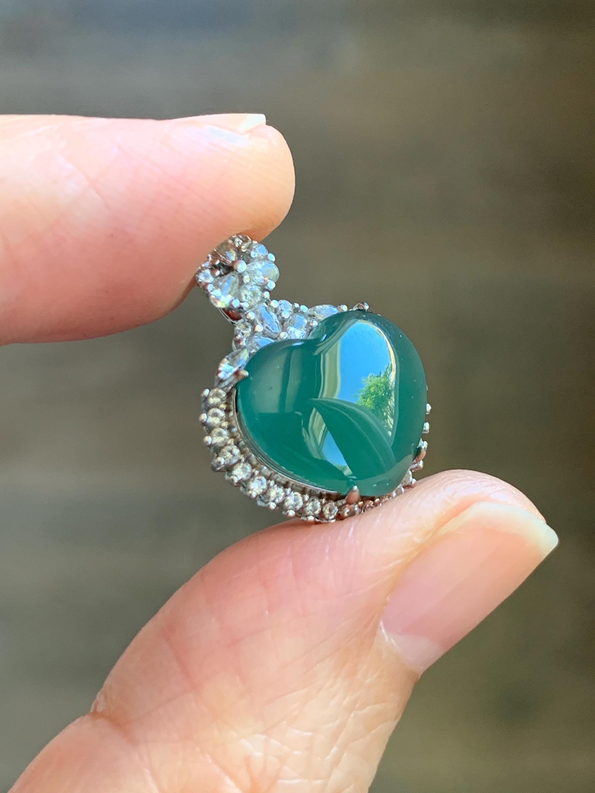 Natural Grade A Guatemalan Icy Translucent Dark Teal Green Jade Jadeite Heart Pendant Sterling Silver 3g 天然冰危深蓝绿翡翠爱心蛋面银镶吊坠 GAX150S