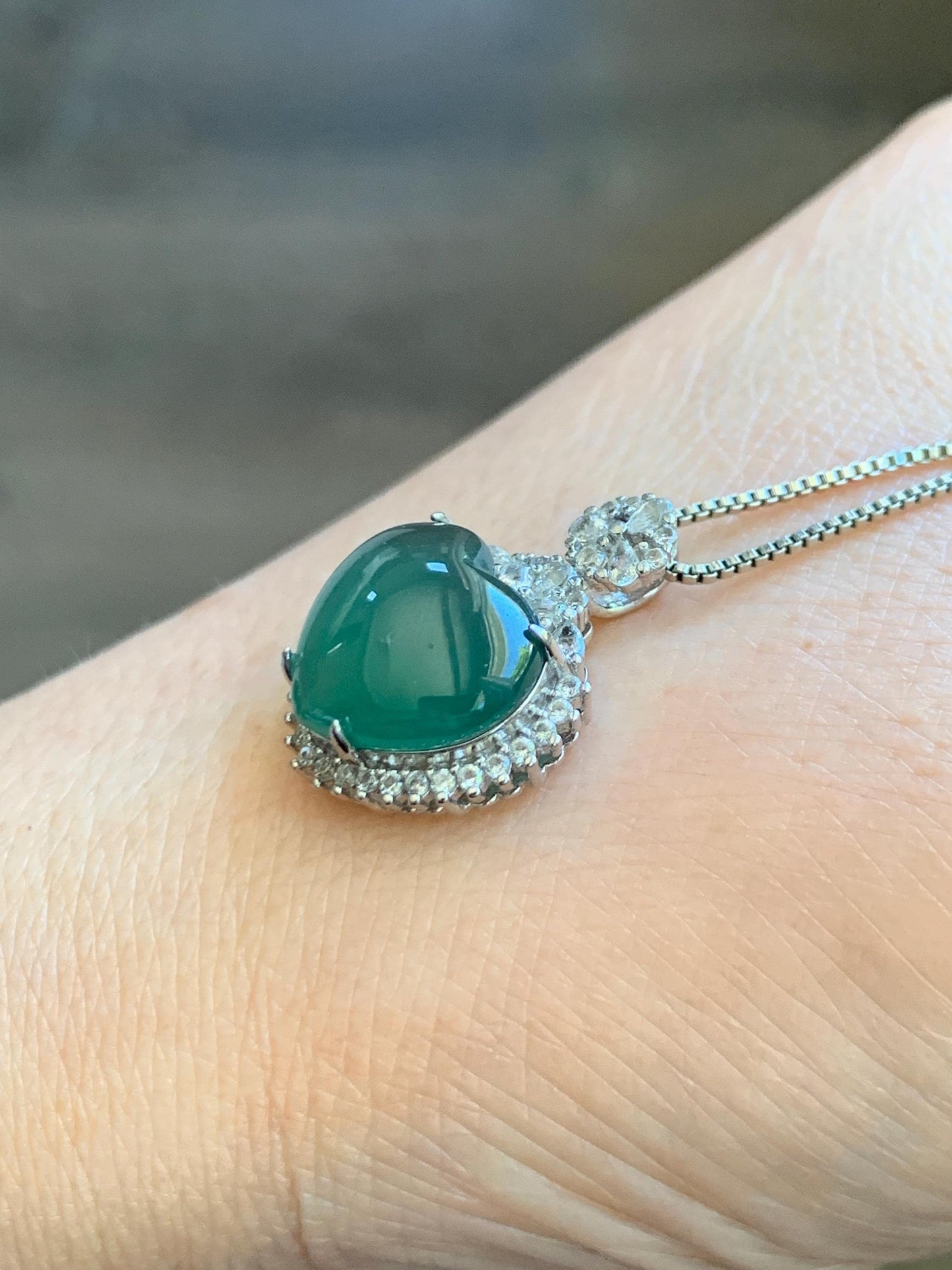 Natural Grade A Guatemalan Icy Translucent Dark Teal Green Jade Jadeite Heart Pendant Sterling Silver 3g 天然冰危深蓝绿翡翠爱心蛋面银镶吊坠 GAX150S