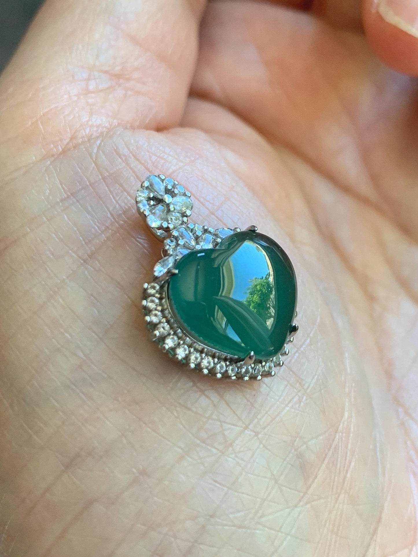 Natural Grade A Guatemalan Icy Translucent Dark Teal Green Jade Jadeite Heart Pendant Sterling Silver 3g 天然冰危深蓝绿翡翠爱心蛋面银镶吊坠 GAX150S