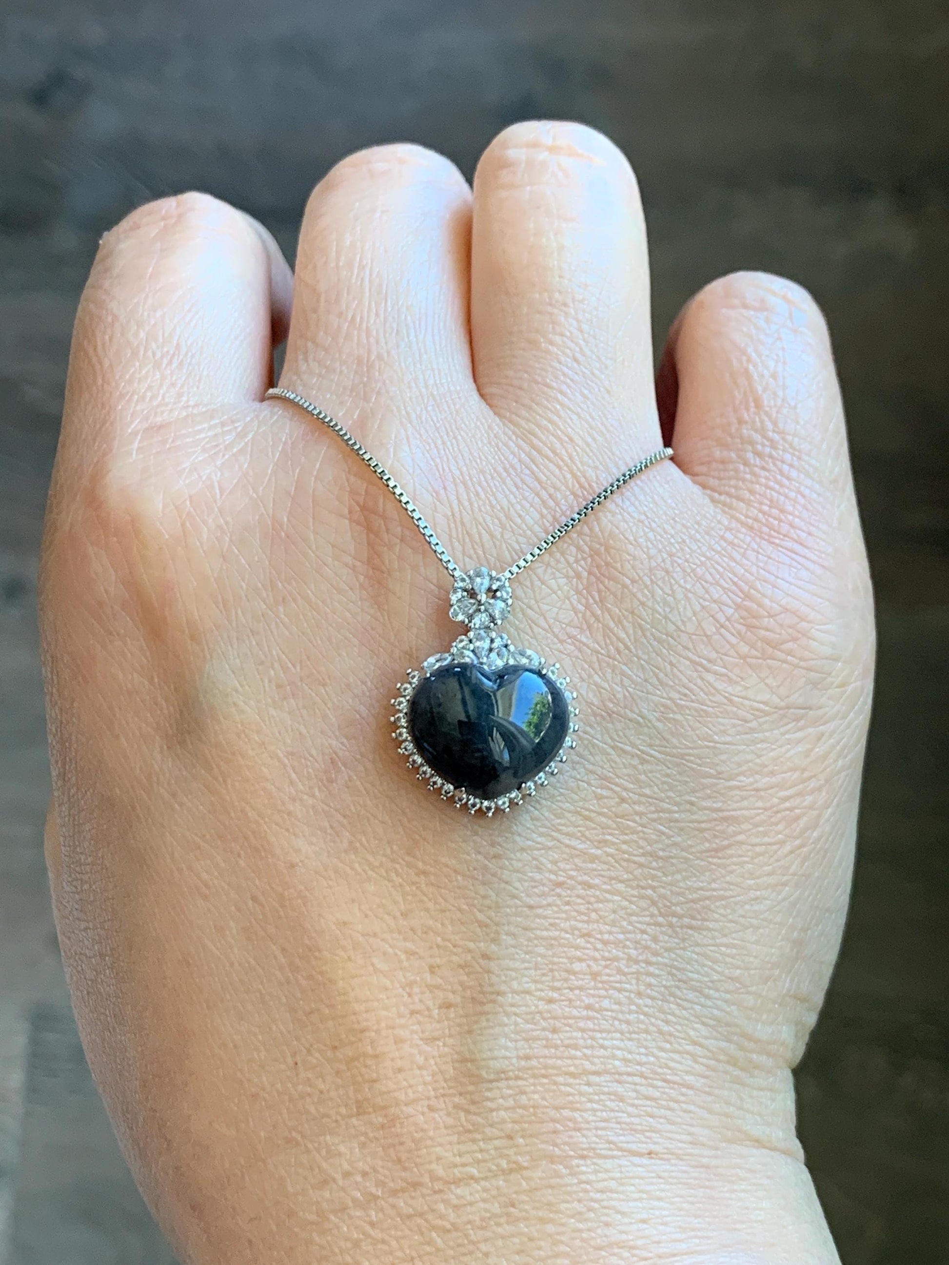 Natural Grade A Icy Highly Translucent Dark Wuji Jade Jadeite Heart Pendant Sterling Silver 3g 天然冰乌鸡翡翠爱心蛋面银镶吊坠 GAX150J
