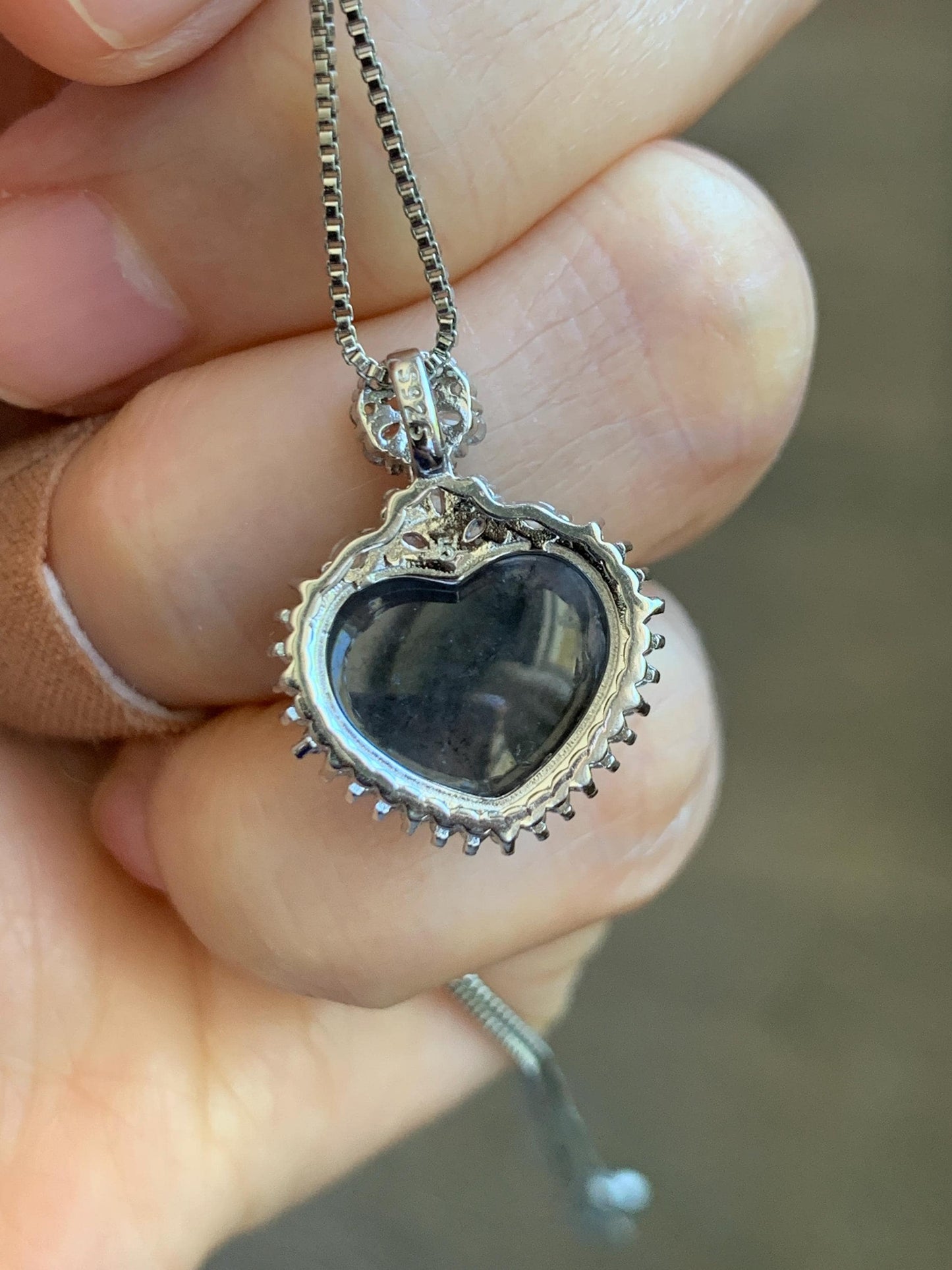 Natural Grade A Icy Highly Translucent Dark Wuji Jade Jadeite Heart Pendant Sterling Silver 3g 天然冰乌鸡翡翠爱心蛋面银镶吊坠 GAX150J