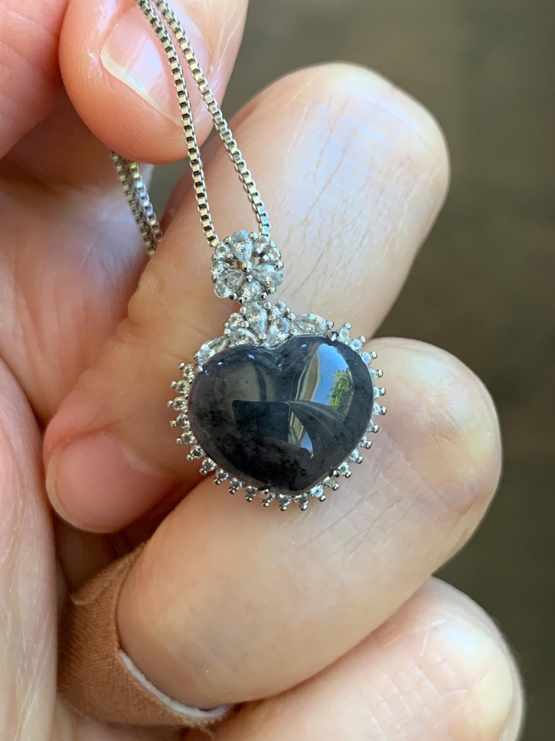 Natural Grade A Icy Highly Translucent Dark Wuji Jade Jadeite Heart Pendant Sterling Silver 3g 天然冰乌鸡翡翠爱心蛋面银镶吊坠 GAX150J