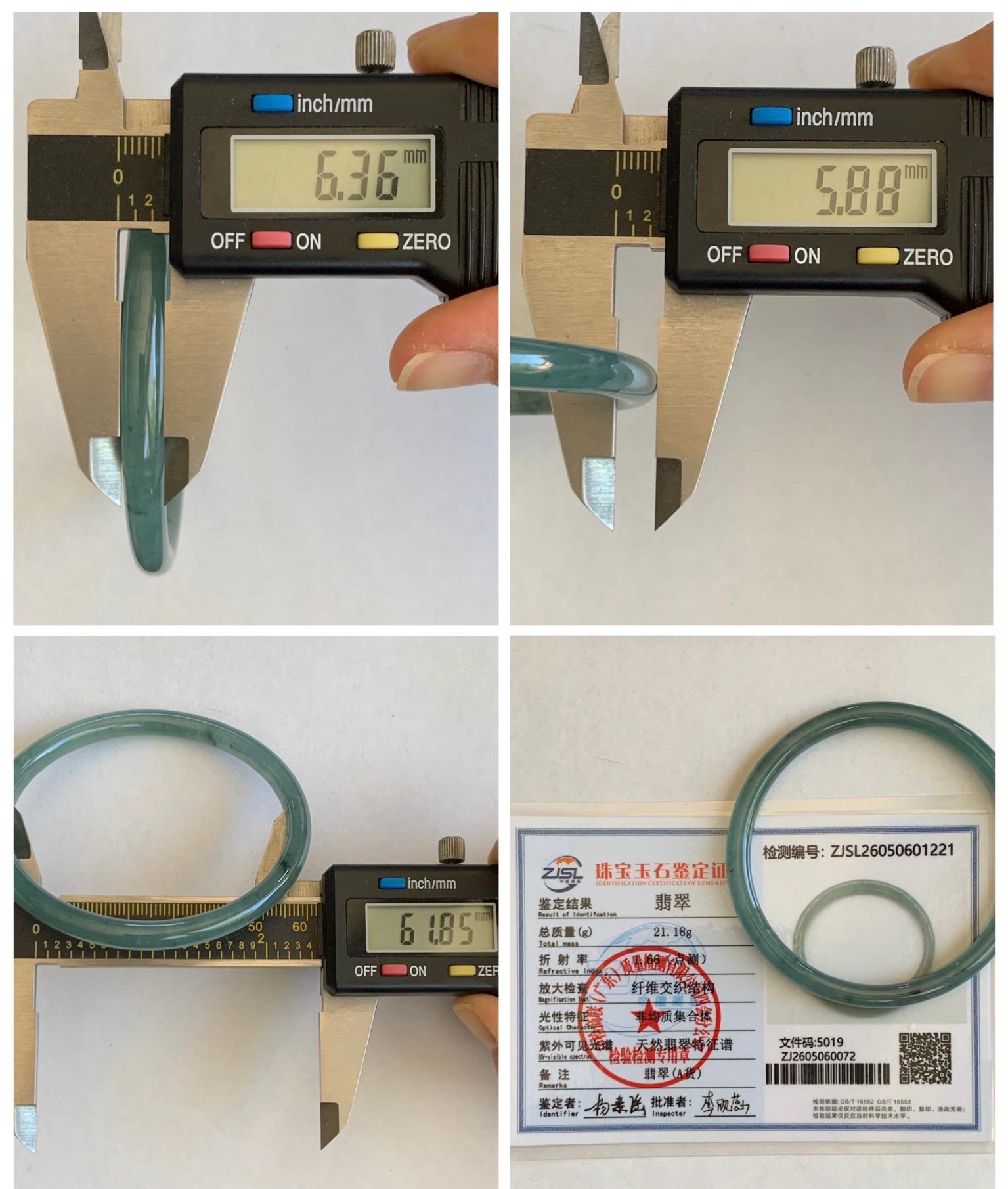 Certified Natural Grade A Guatemalan Icy Translucent Dusty Teal Green Jade Jadeite Slim Bangle 61.85mm 7.65” 21g 天然冰胶危蓝绿翡翠细圆条手镯 1221