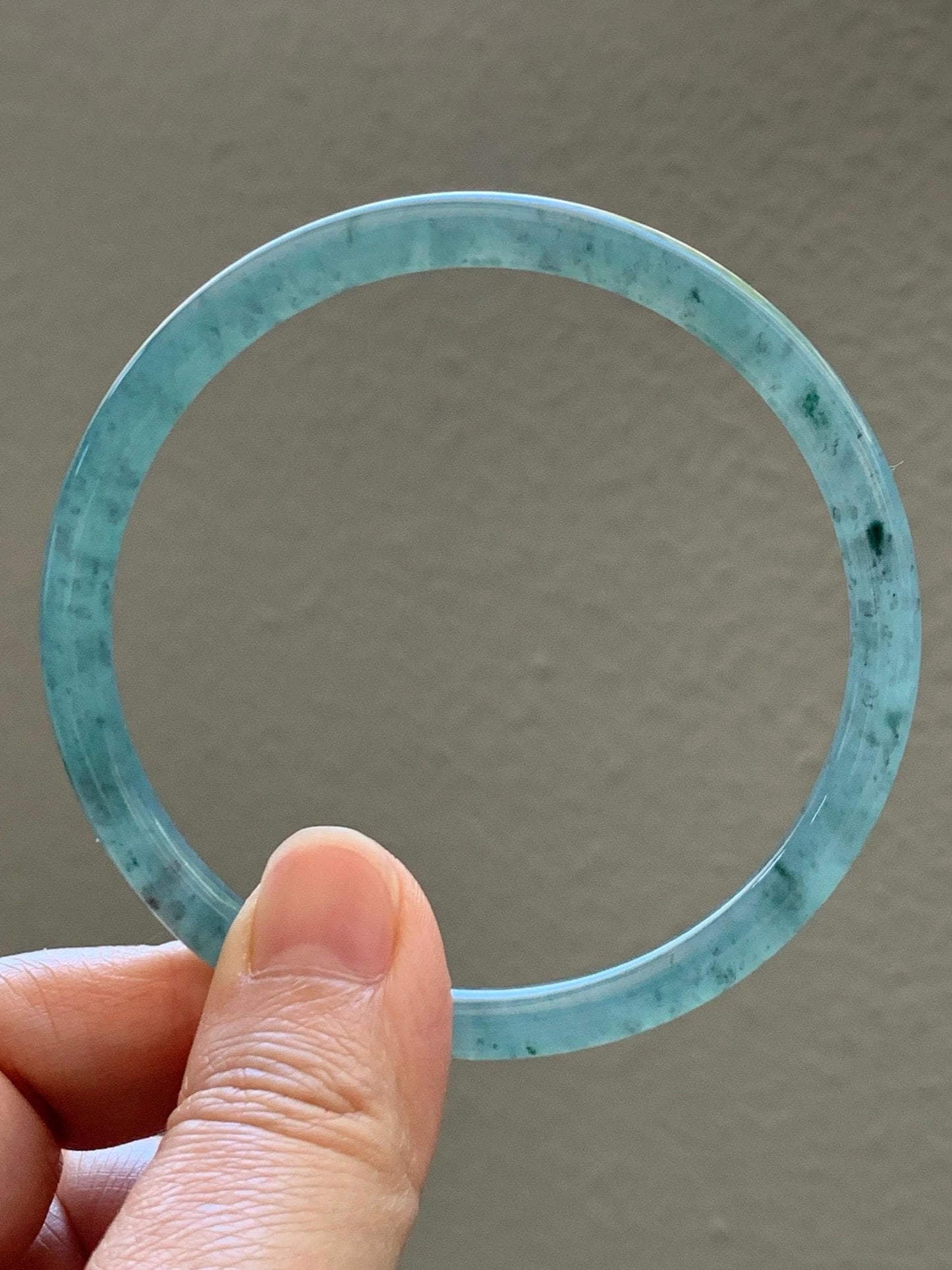 Certified Natural Grade A Guatemalan Icy Translucent Dusty Teal Green Jade Jadeite Slim Bangle 61.85mm 7.65” 21g 天然冰胶危蓝绿翡翠细圆条手镯 1221