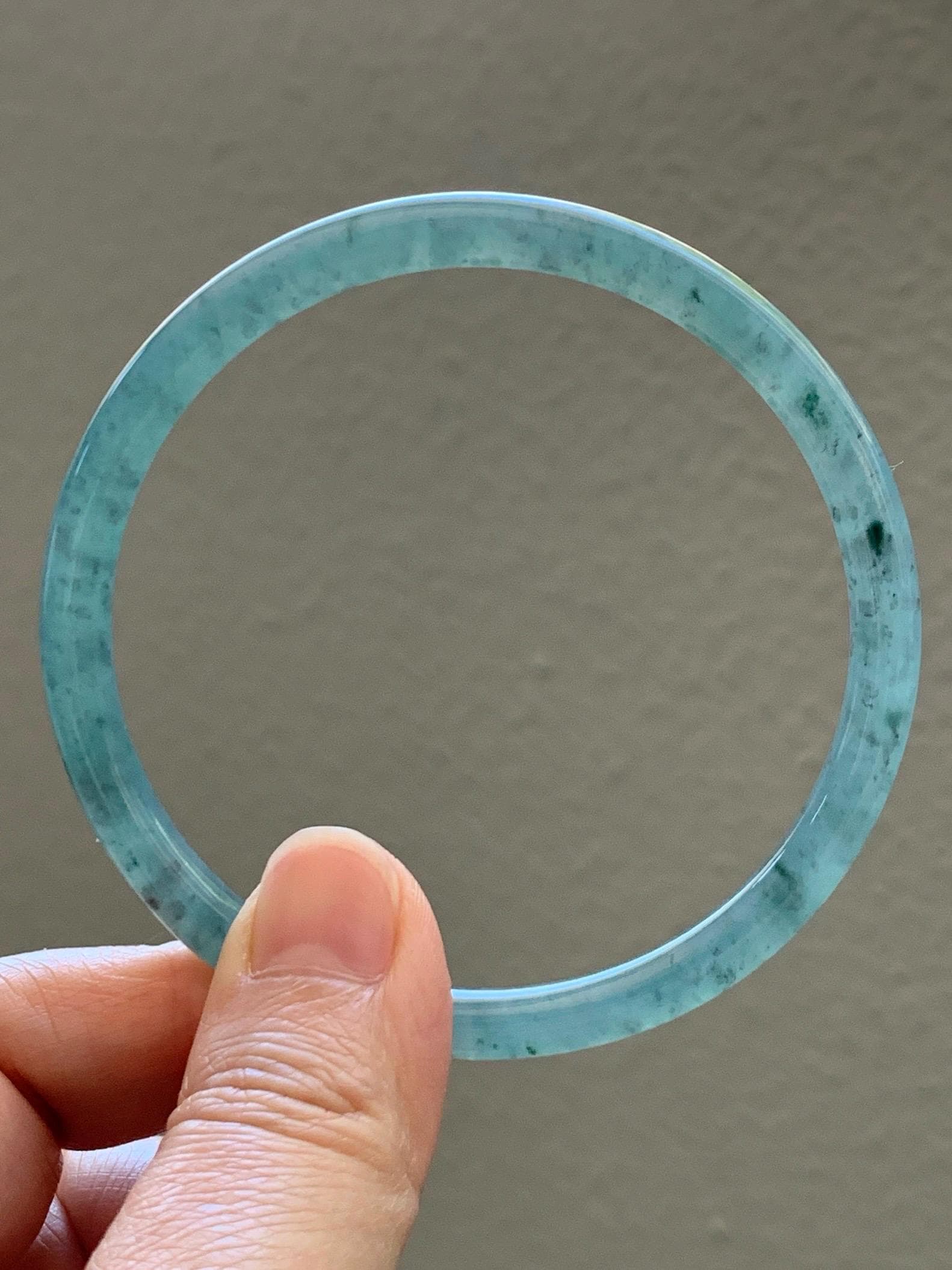 Certified Natural Grade A Guatemalan Icy Translucent Dusty Teal Green Jade Jadeite Slim Bangle 61.85mm 7.65” 21g 天然冰胶危蓝绿翡翠细圆条手镯 1221