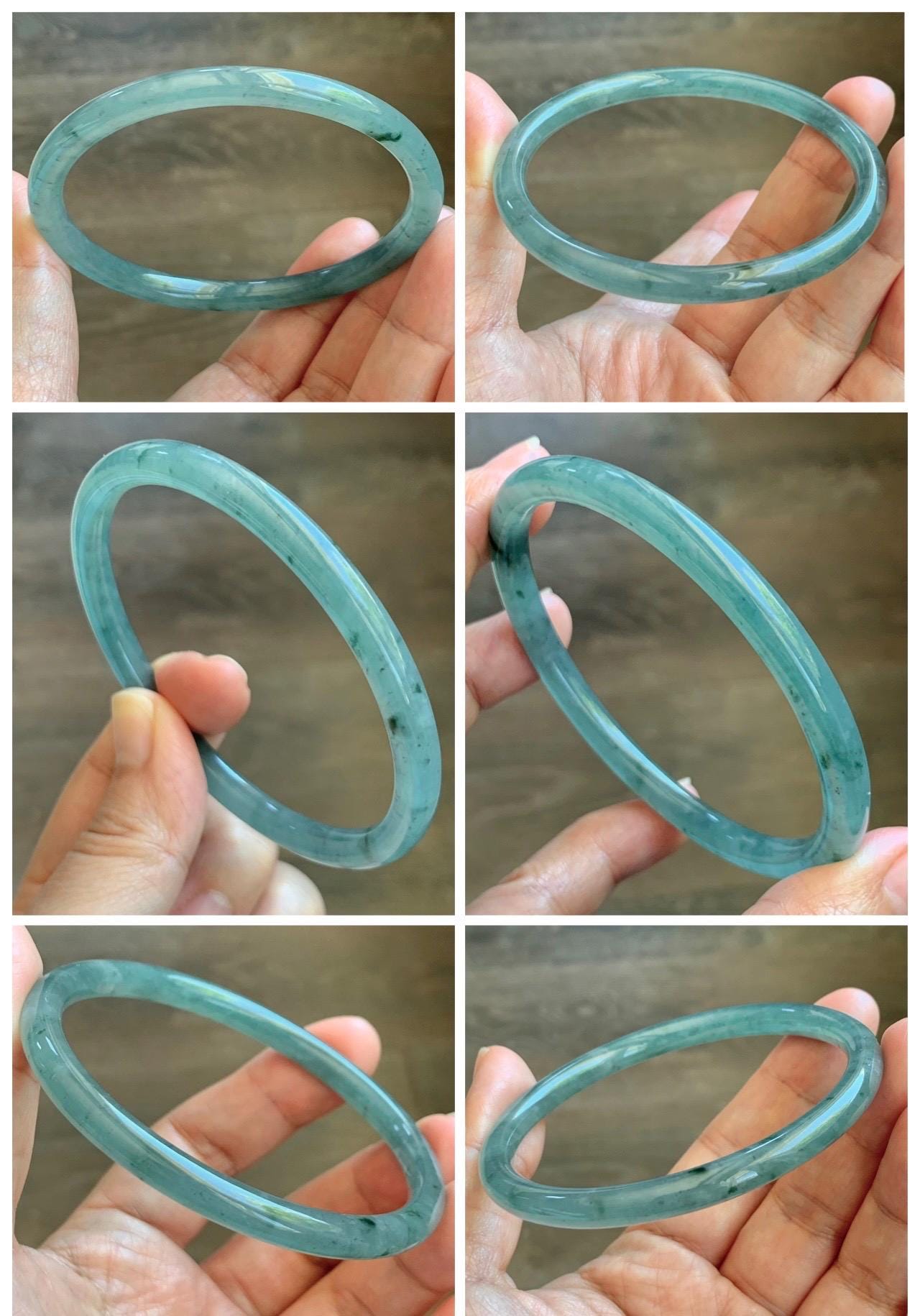 Certified Natural Grade A Guatemalan Icy Translucent Dusty Teal Green Jade Jadeite Slim Bangle 61.85mm 7.65” 21g 天然冰胶危蓝绿翡翠细圆条手镯 1221