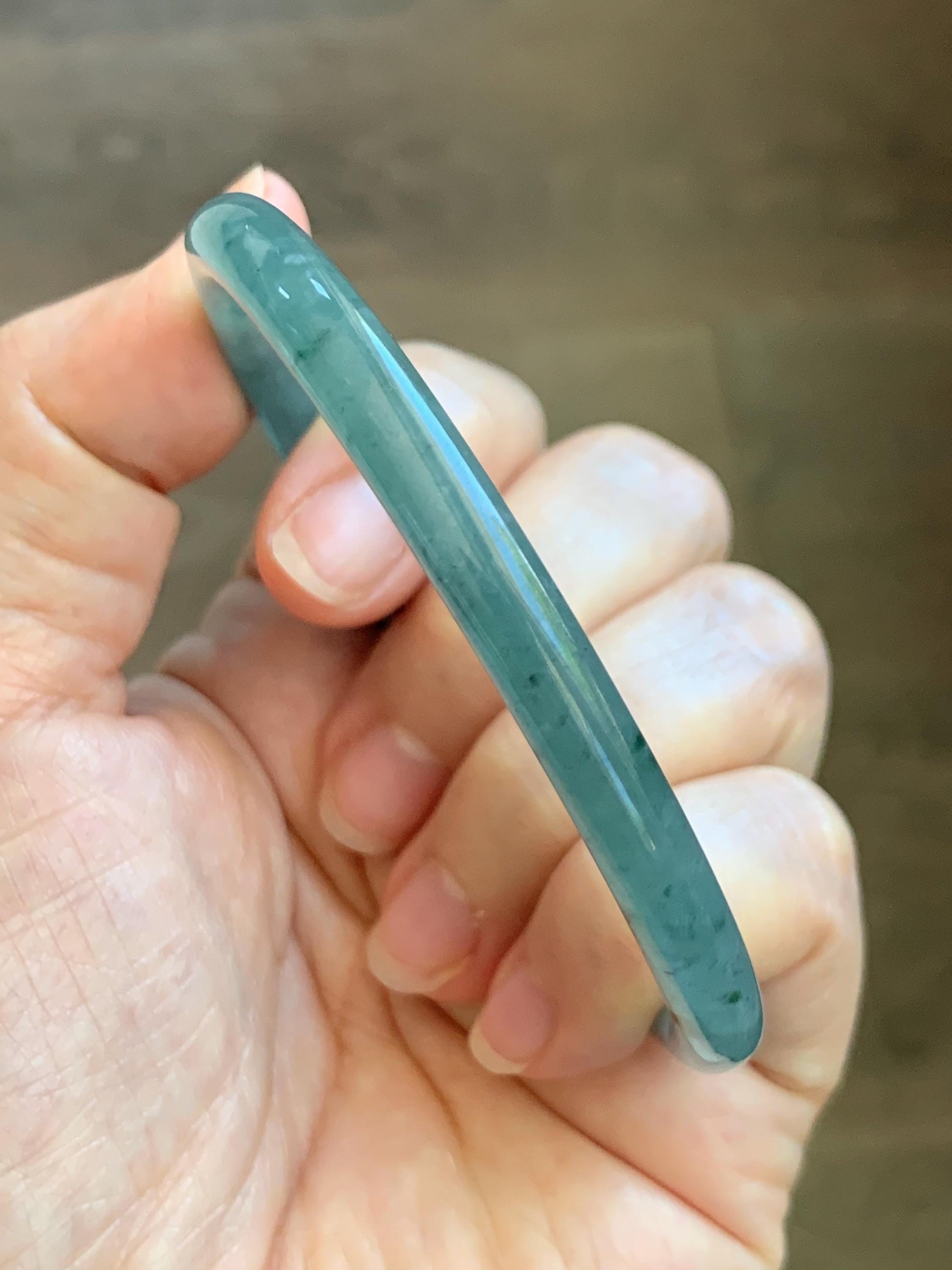 Certified Natural Grade A Guatemalan Icy Translucent Dusty Teal Green Jade Jadeite Slim Bangle 61.85mm 7.65” 21g 天然冰胶危蓝绿翡翠细圆条手镯 1221