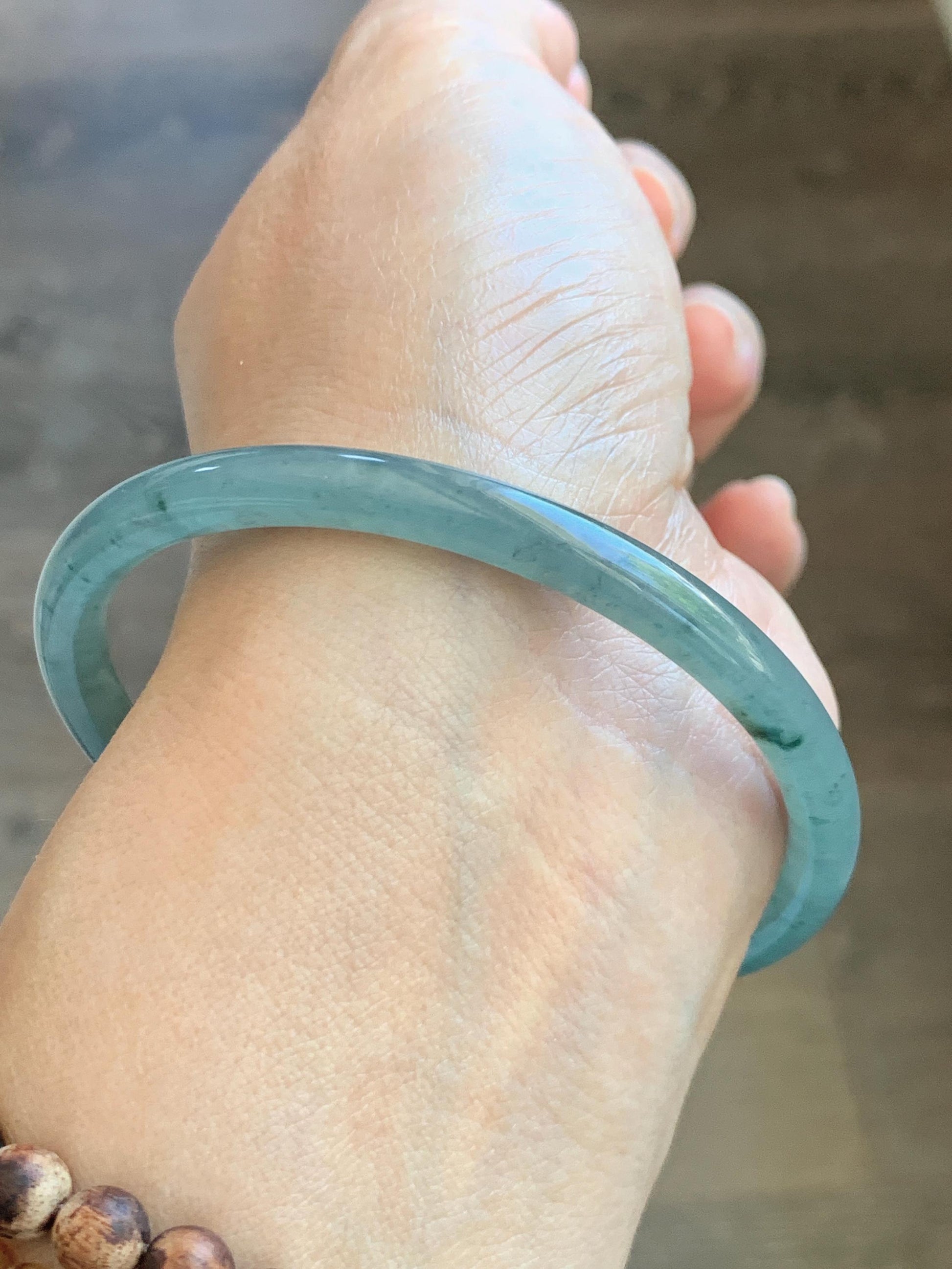 Certified Natural Grade A Guatemalan Icy Translucent Dusty Teal Green Jade Jadeite Slim Bangle 61.85mm 7.65” 21g 天然冰胶危蓝绿翡翠细圆条手镯 1221