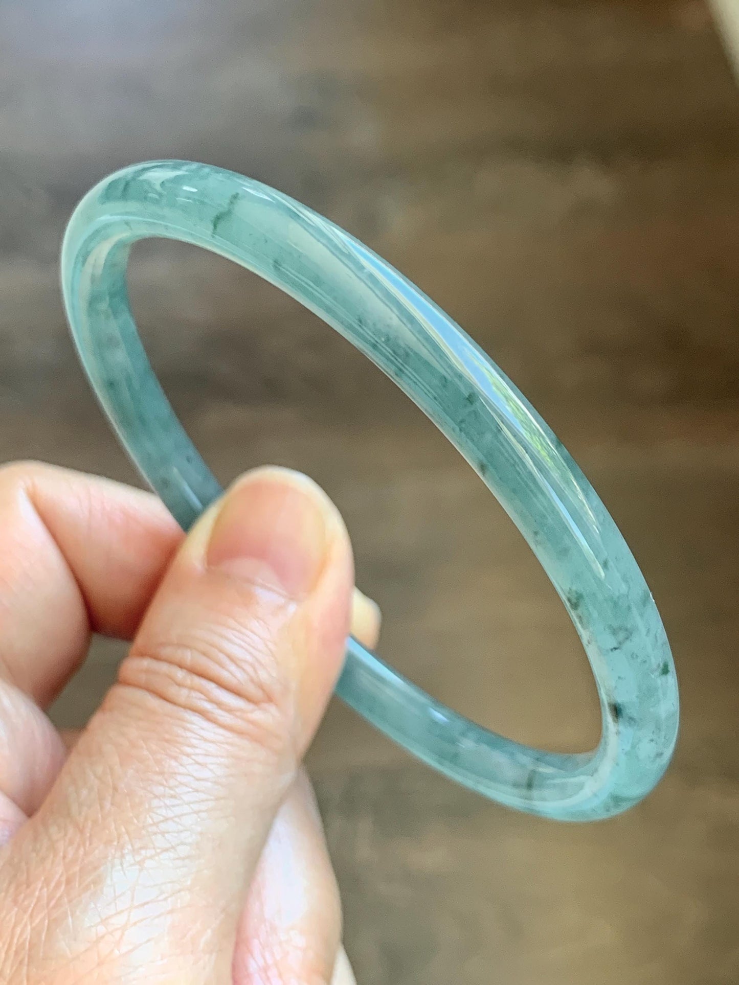 Certified Natural Grade A Guatemalan Icy Translucent Dusty Teal Green Jade Jadeite Slim Bangle 61.85mm 7.65” 21g 天然冰胶危蓝绿翡翠细圆条手镯 1221