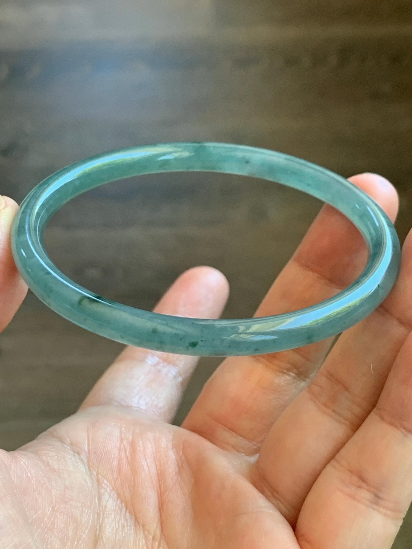 Certified Natural Grade A Guatemalan Icy Translucent Dusty Teal Green Jade Jadeite Slim Bangle 61.85mm 7.65” 21g 天然冰胶危蓝绿翡翠细圆条手镯 1221