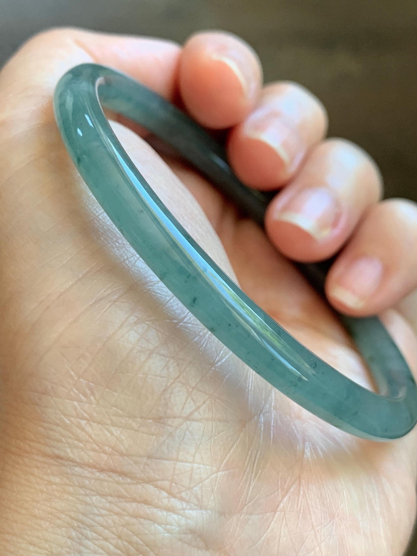 Certified Natural Grade A Guatemalan Icy Translucent Dusty Teal Green Jade Jadeite Slim Bangle 61.85mm 7.65” 21g 天然冰胶危蓝绿翡翠细圆条手镯 1221