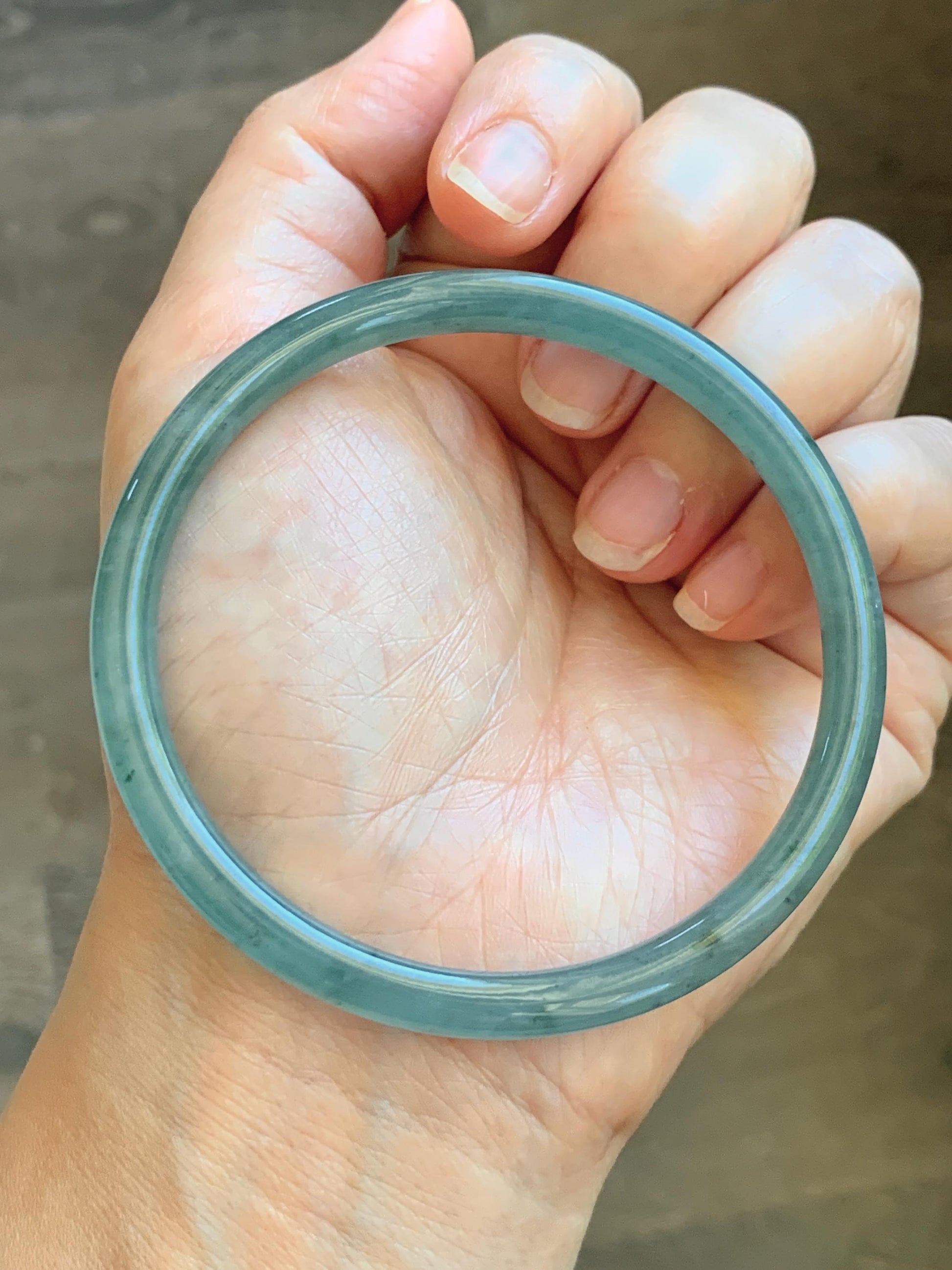 Certified Natural Grade A Guatemalan Icy Translucent Dusty Teal Green Jade Jadeite Slim Bangle 61.85mm 7.65” 21g 天然冰胶危蓝绿翡翠细圆条手镯 1221
