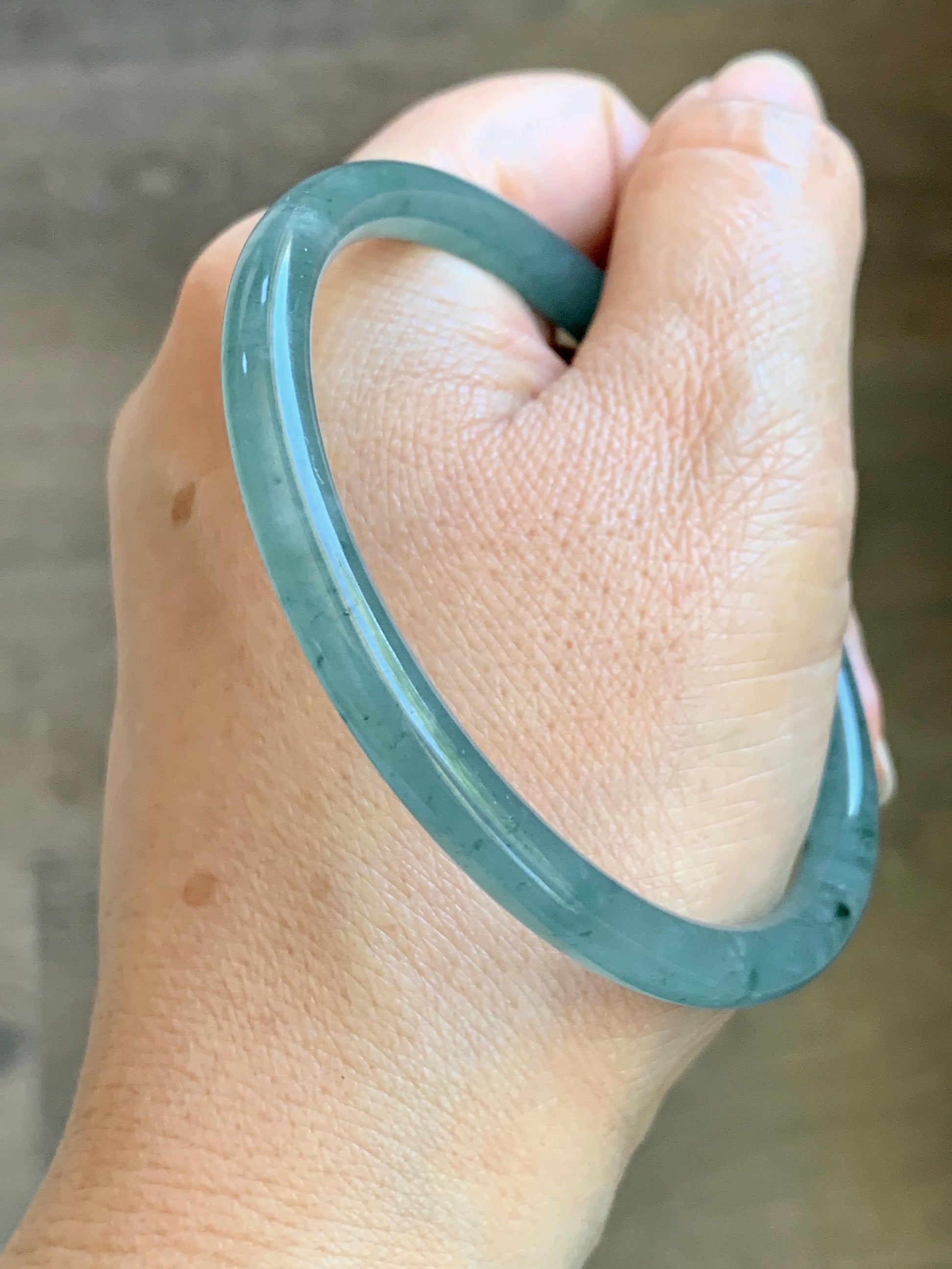 Certified Natural Grade A Guatemalan Icy Translucent Dusty Teal Green Jade Jadeite Slim Bangle 61.85mm 7.65” 21g 天然冰胶危蓝绿翡翠细圆条手镯 1221