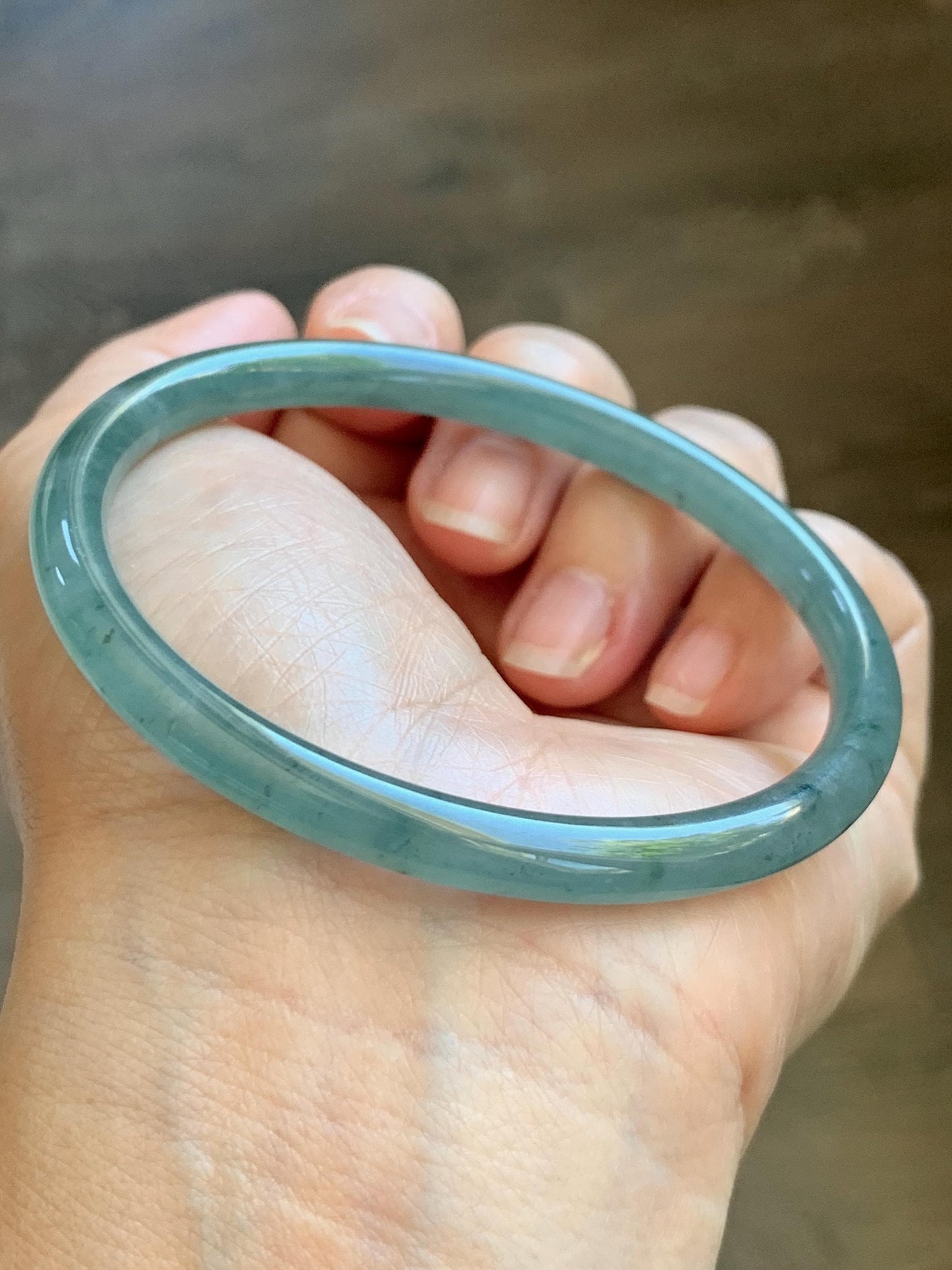 Certified Natural Grade A Guatemalan Icy Translucent Dusty Teal Green Jade Jadeite Slim Bangle 61.85mm 7.65” 21g 天然冰胶危蓝绿翡翠细圆条手镯 1221