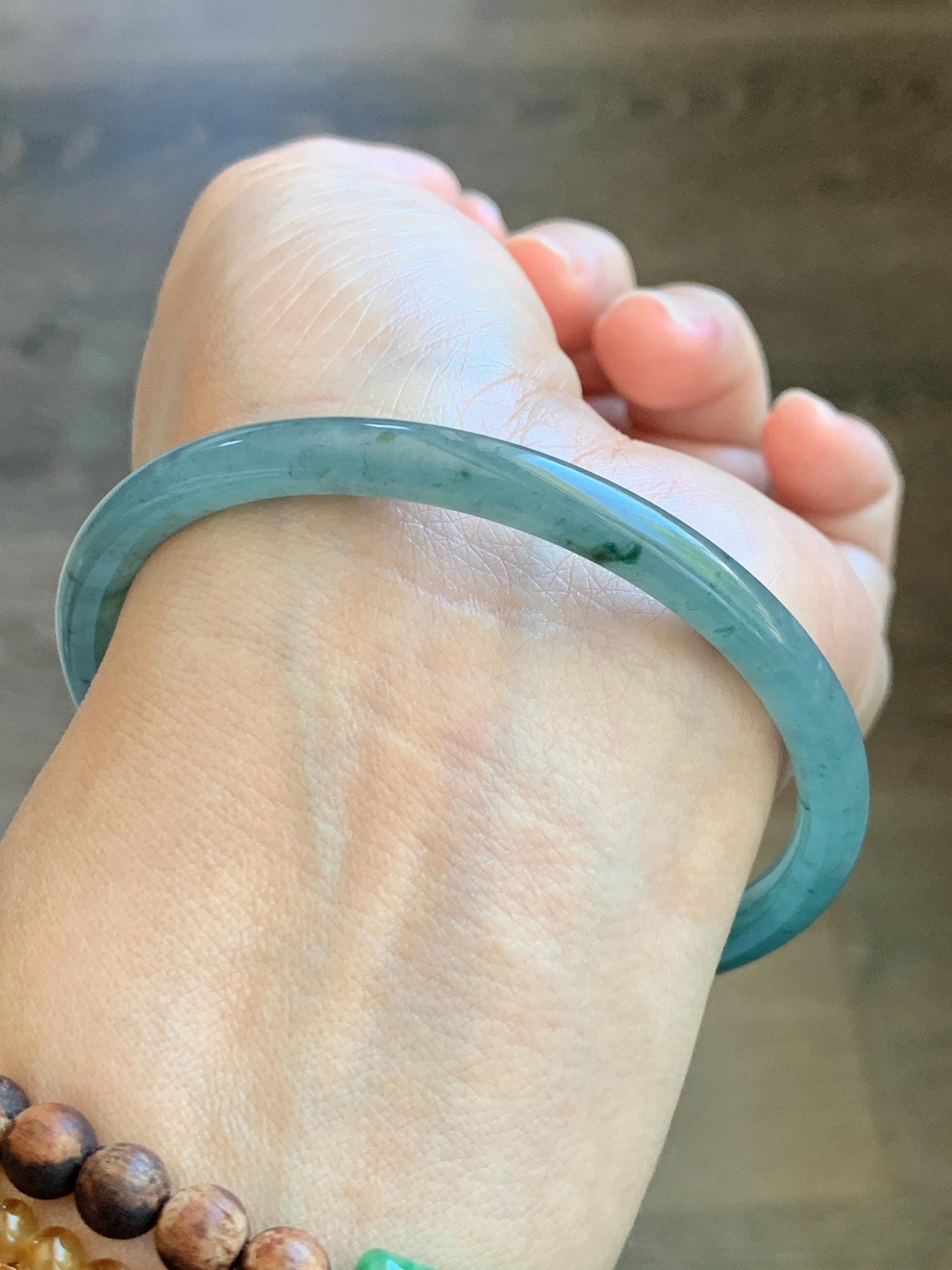 Certified Natural Grade A Guatemalan Icy Translucent Dusty Teal Green Jade Jadeite Slim Bangle 61.85mm 7.65” 21g 天然冰胶危蓝绿翡翠细圆条手镯 1221