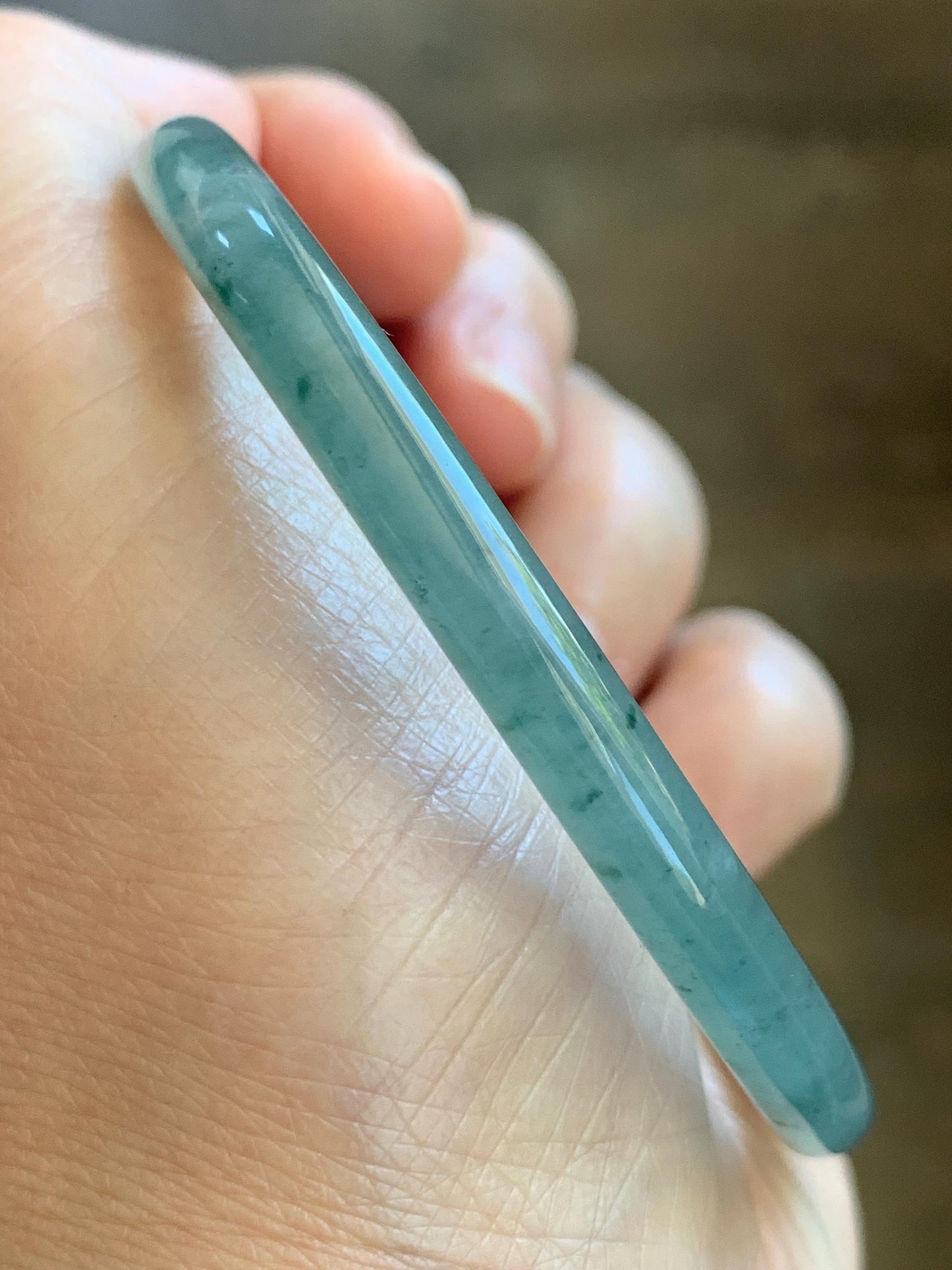 Certified Natural Grade A Guatemalan Icy Translucent Dusty Teal Green Jade Jadeite Slim Bangle 61.85mm 7.65” 21g 天然冰胶危蓝绿翡翠细圆条手镯 1221