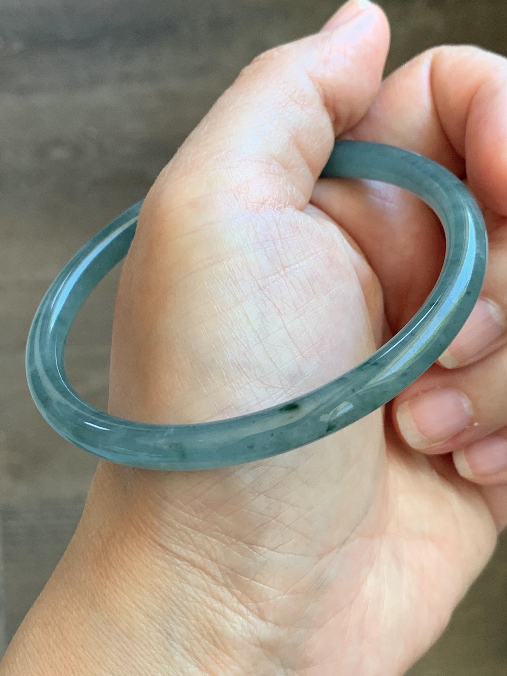 Certified Natural Grade A Guatemalan Icy Translucent Dusty Teal Green Jade Jadeite Slim Bangle 61.85mm 7.65” 21g 天然冰胶危蓝绿翡翠细圆条手镯 1221