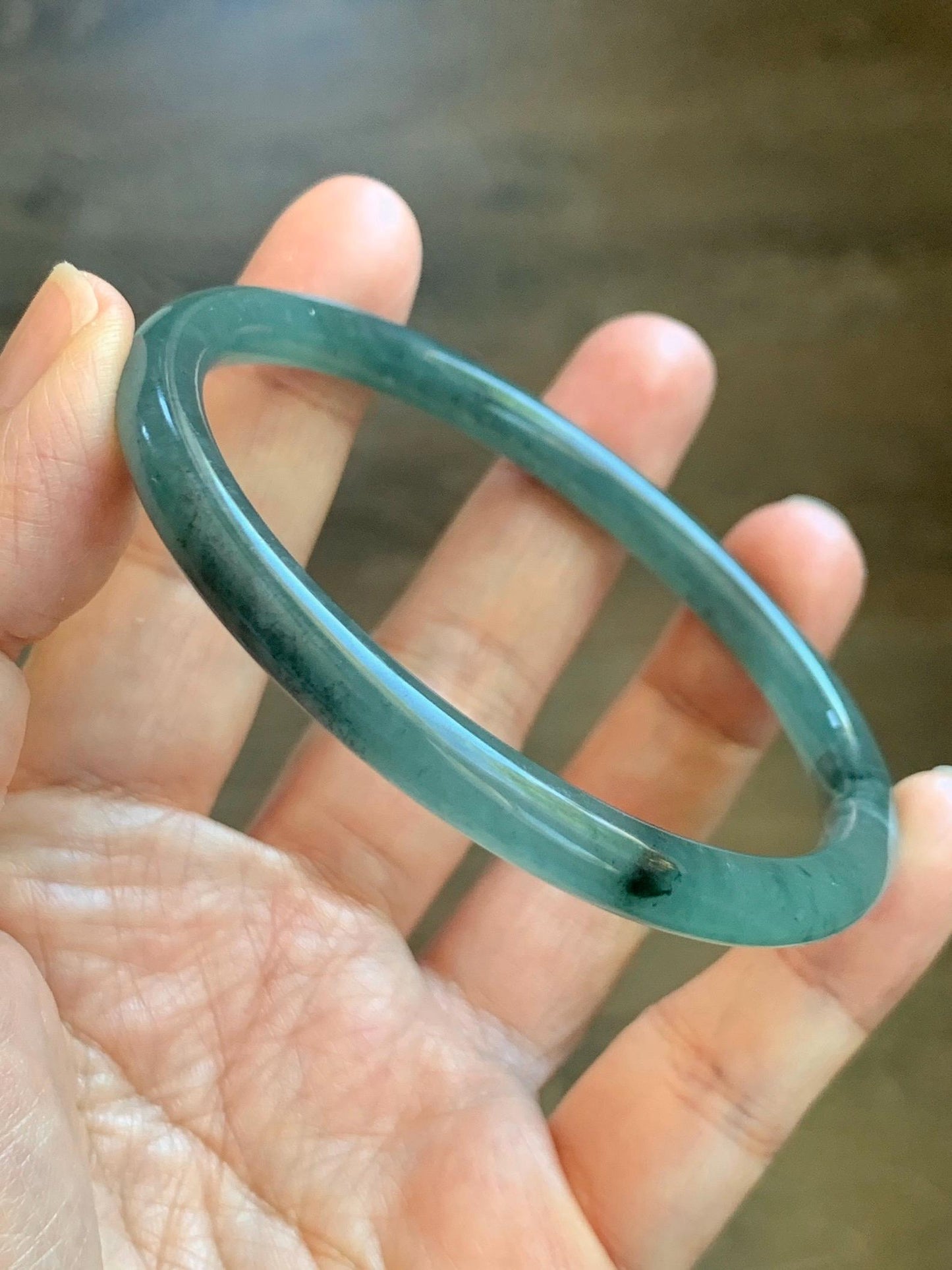 Certified Natural Grade A Guatemalan Icy Translucent Dusty Teal Green Jade Jadeite Slim Bangle 62.12mm 7.68” 24g 天然冰胶危蓝绿翡翠细圆条手镯 1218