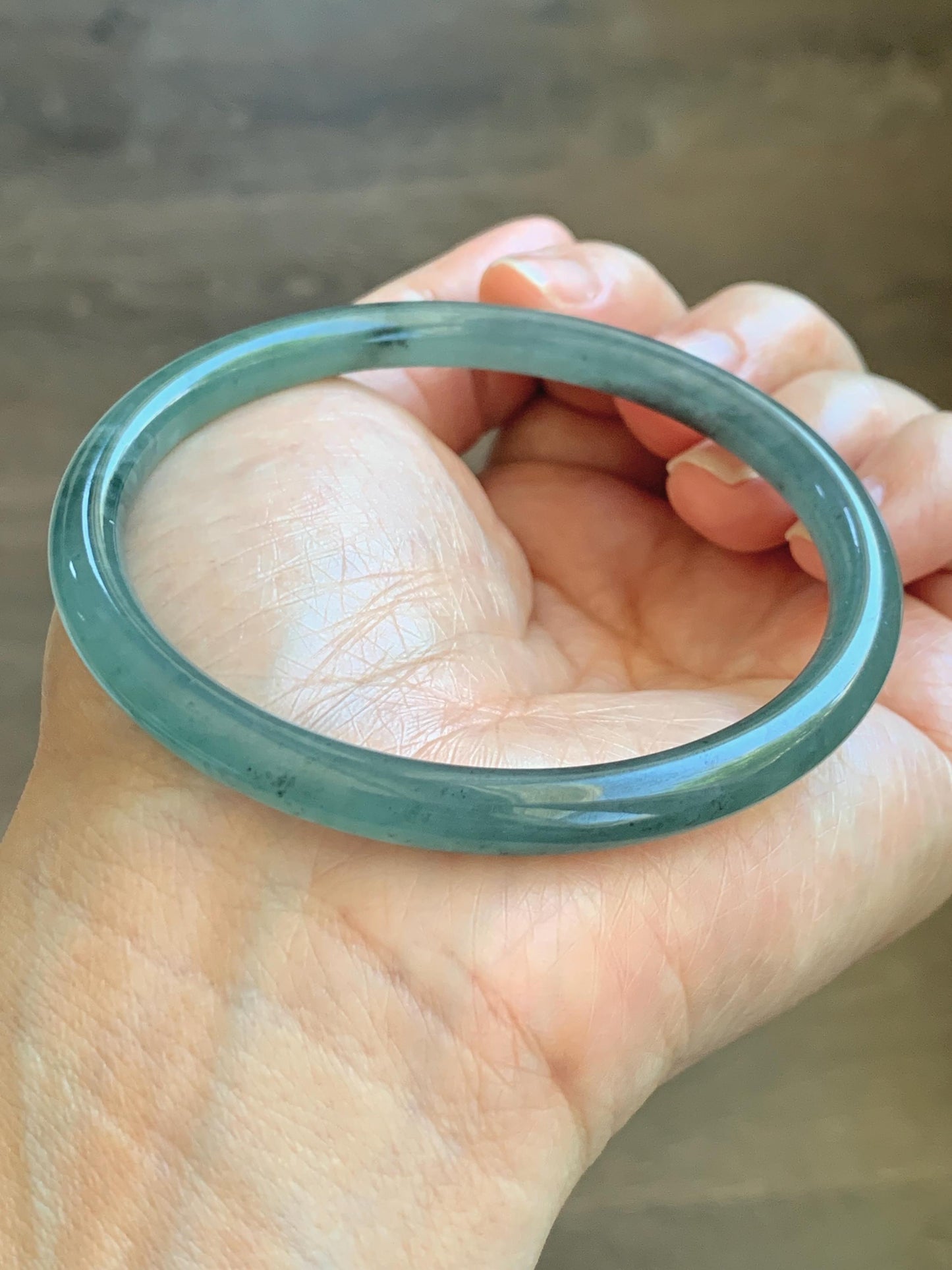 Certified Natural Grade A Guatemalan Icy Translucent Dusty Teal Green Jade Jadeite Slim Bangle 62.12mm 7.68” 24g 天然冰胶危蓝绿翡翠细圆条手镯 1218