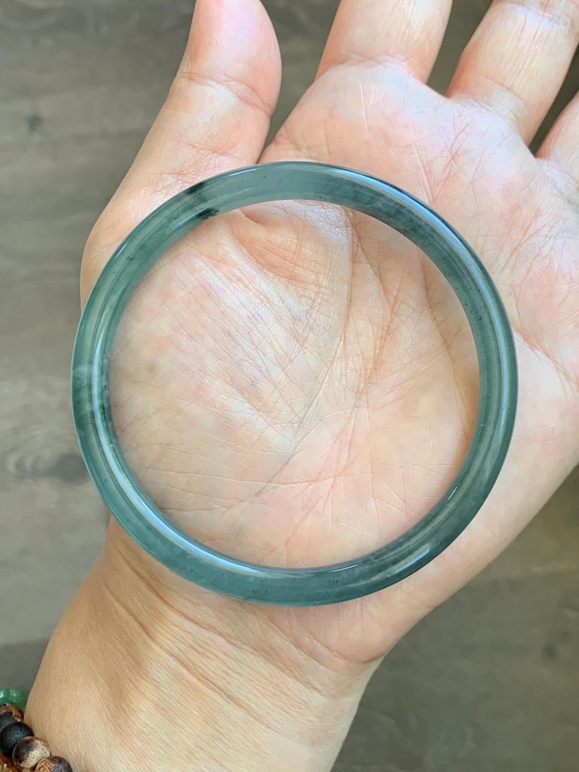 Certified Natural Grade A Guatemalan Icy Translucent Dusty Teal Green Jade Jadeite Slim Bangle 62.12mm 7.68” 24g 天然冰胶危蓝绿翡翠细圆条手镯 1218