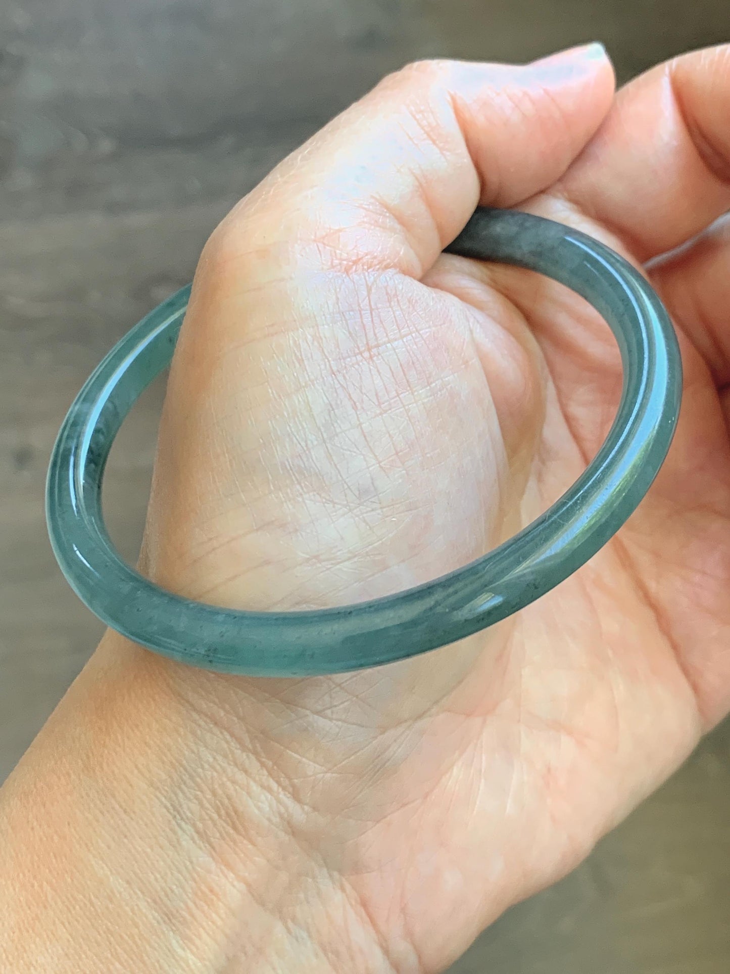 Certified Natural Grade A Guatemalan Icy Translucent Dusty Teal Green Jade Jadeite Slim Bangle 62.12mm 7.68” 24g 天然冰胶危蓝绿翡翠细圆条手镯 1218