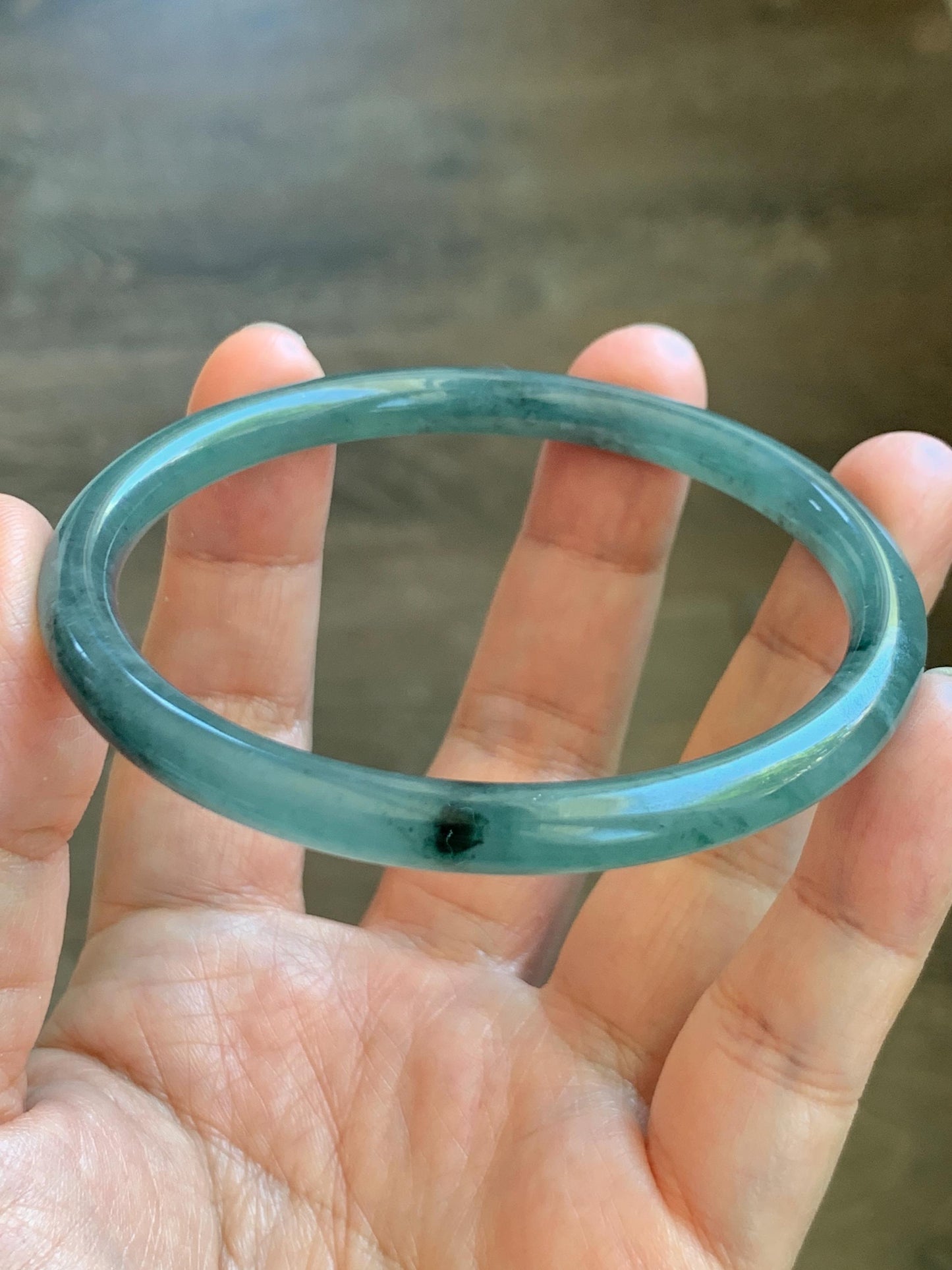 Certified Natural Grade A Guatemalan Icy Translucent Dusty Teal Green Jade Jadeite Slim Bangle 62.12mm 7.68” 24g 天然冰胶危蓝绿翡翠细圆条手镯 1218