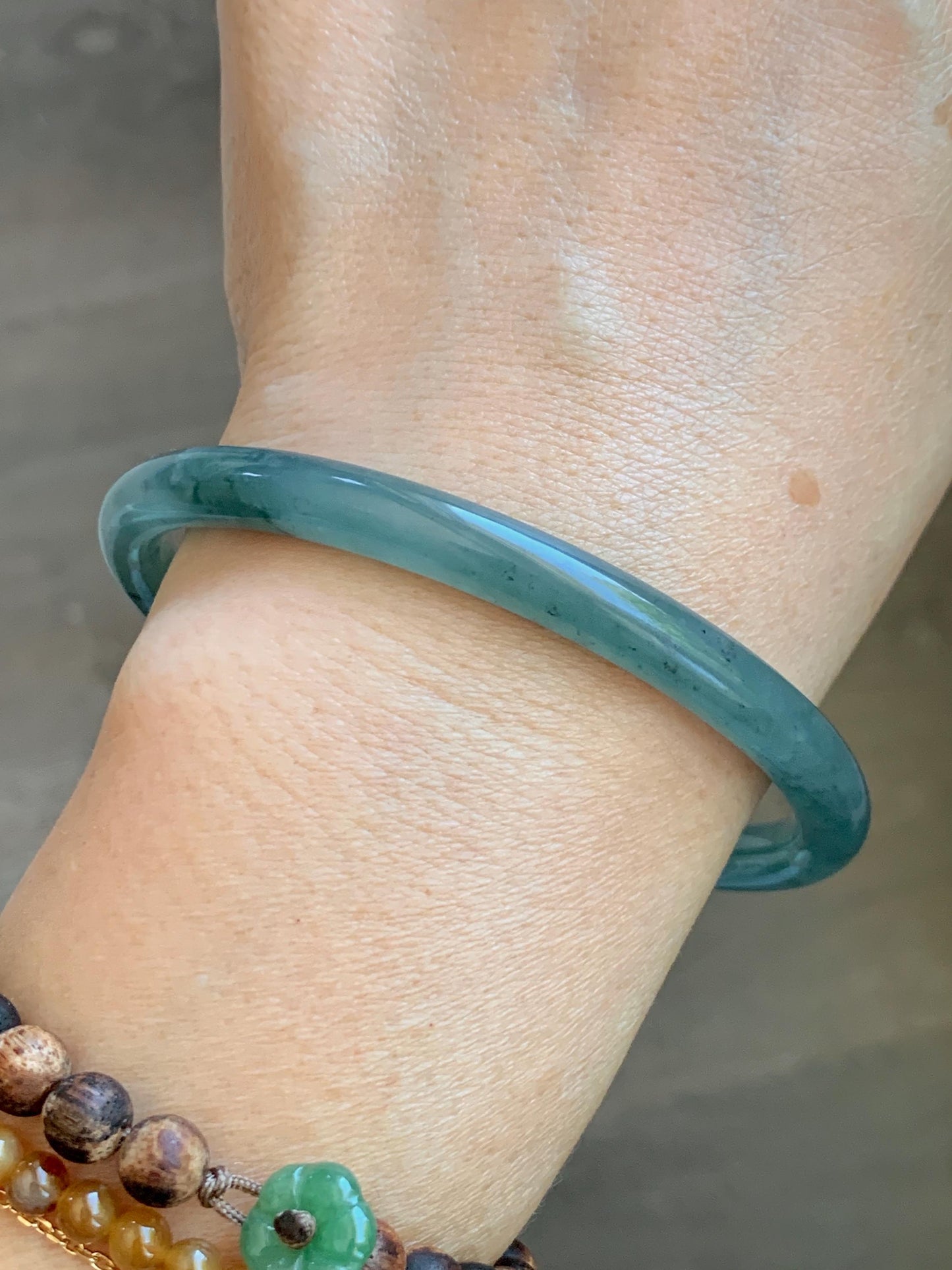 Certified Natural Grade A Guatemalan Icy Translucent Dusty Teal Green Jade Jadeite Slim Bangle 62.12mm 7.68” 24g 天然冰胶危蓝绿翡翠细圆条手镯 1218