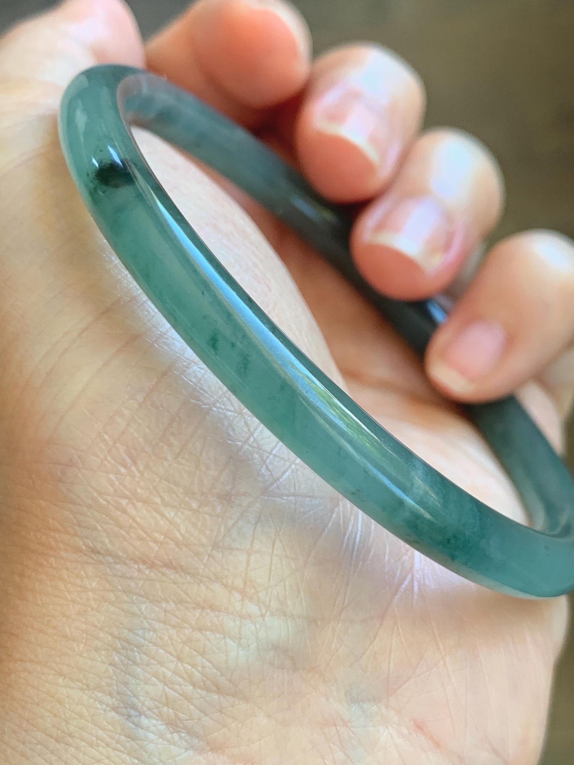 Certified Natural Grade A Guatemalan Icy Translucent Dusty Teal Green Jade Jadeite Slim Bangle 62.12mm 7.68” 24g 天然冰胶危蓝绿翡翠细圆条手镯 1218
