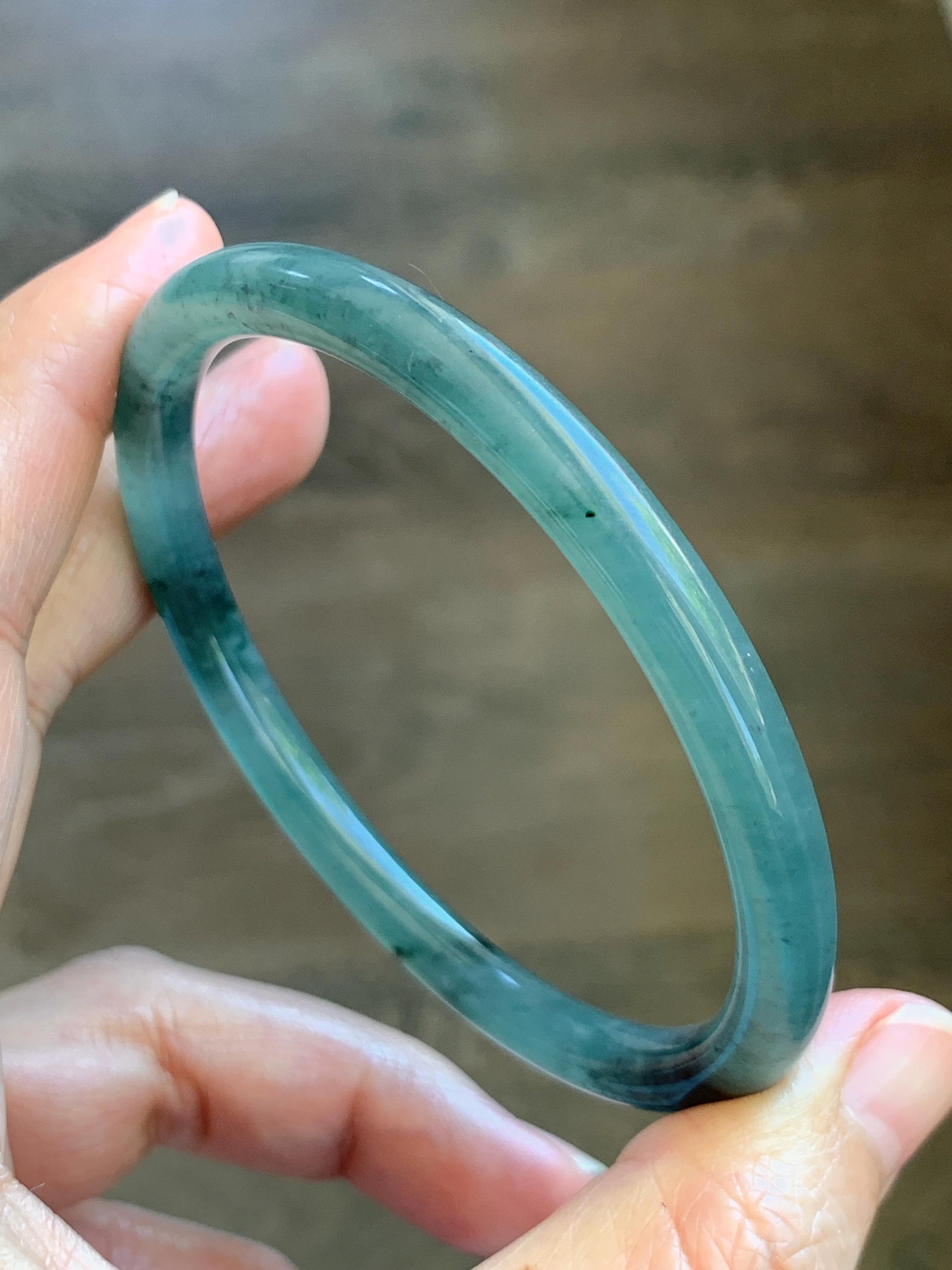 Certified Natural Grade A Guatemalan Icy Translucent Dusty Teal Green Jade Jadeite Slim Bangle 62.12mm 7.68” 24g 天然冰胶危蓝绿翡翠细圆条手镯 1218