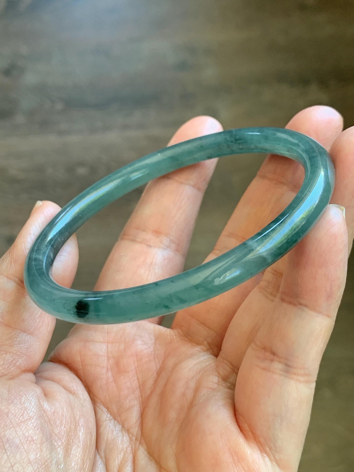 Certified Natural Grade A Guatemalan Icy Translucent Dusty Teal Green Jade Jadeite Slim Bangle 62.12mm 7.68” 24g 天然冰胶危蓝绿翡翠细圆条手镯 1218